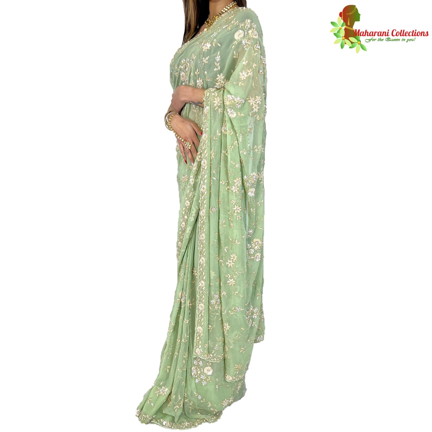 Maharani's Party Wear Georgette Heavy Work Saree - Sea Green (with Stitched Petticoat)