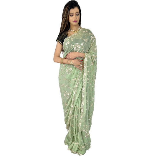 Maharani's Party Wear Georgette Heavy Work Saree - Sea Green (with Stitched Petticoat)