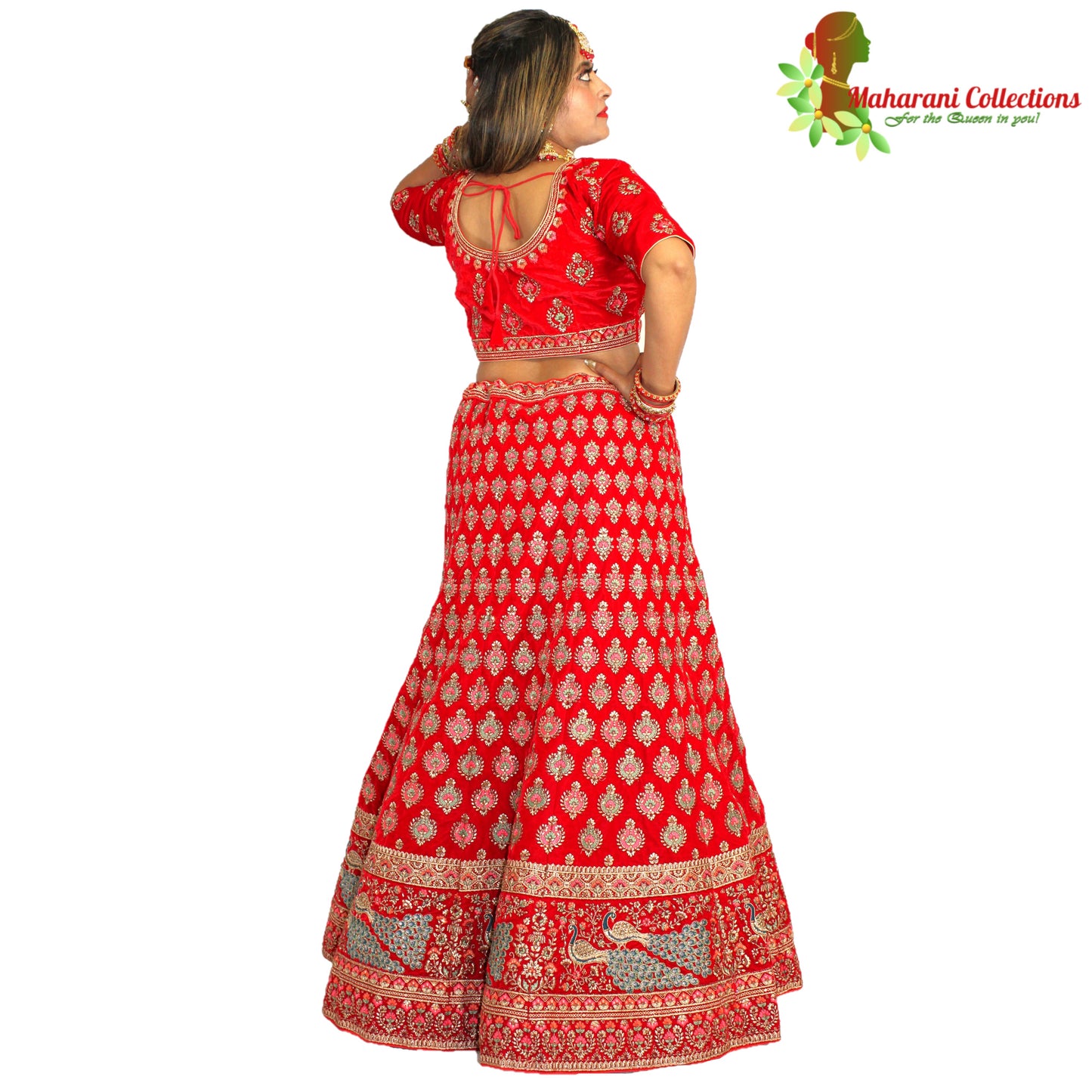 Maharani's Designer Bridal Lehenga - Stunning Red in Velvet (L)
