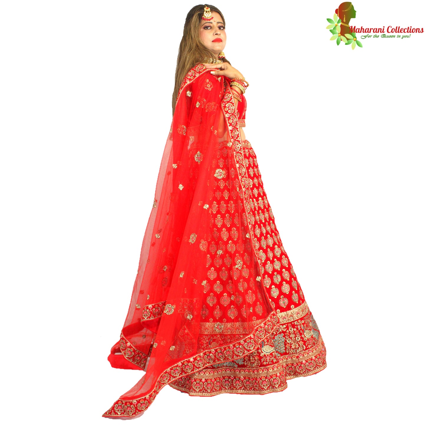 Maharani's Designer Bridal Lehenga - Stunning Red in Velvet (L)
