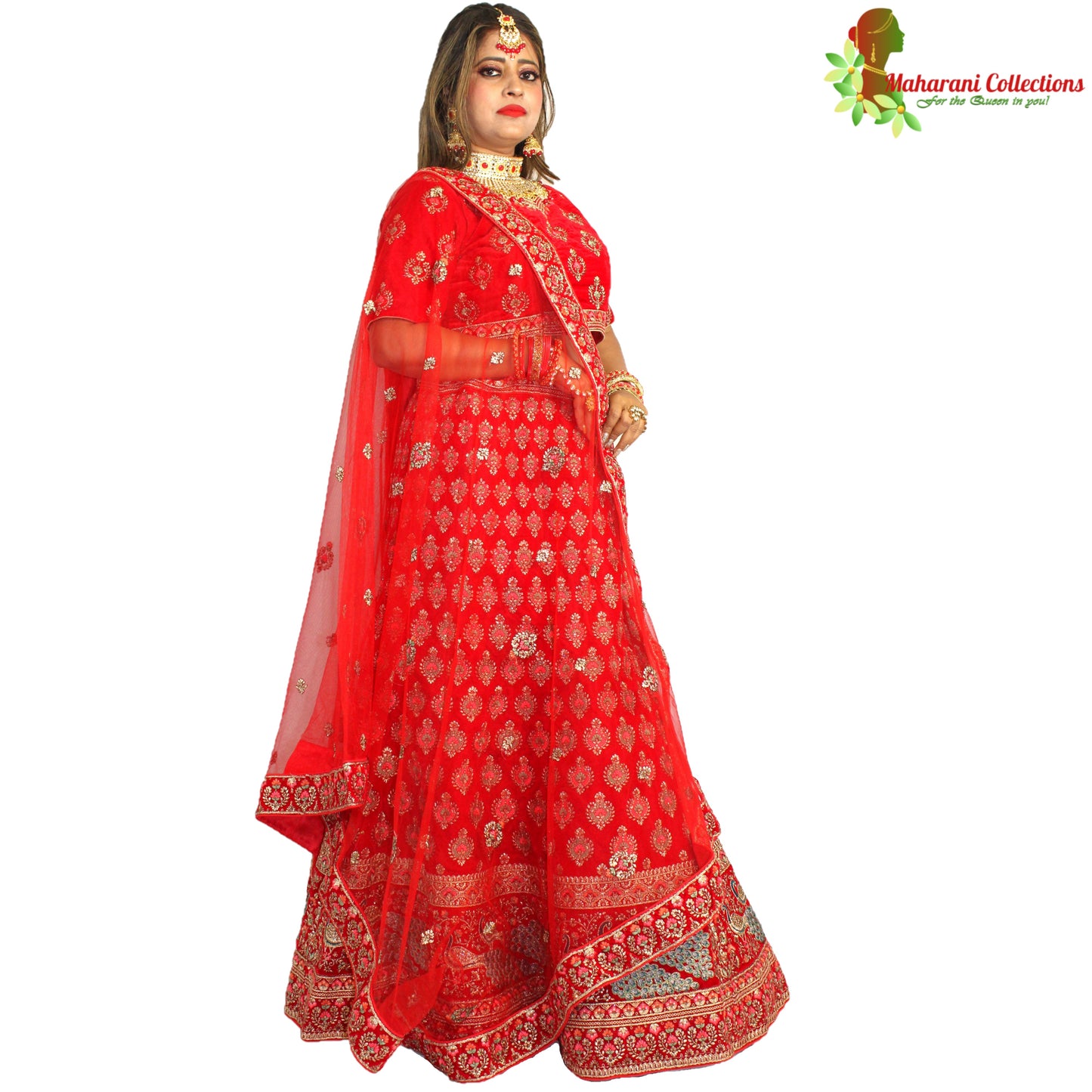 Maharani's Designer Bridal Lehenga - Stunning Red in Velvet (L)