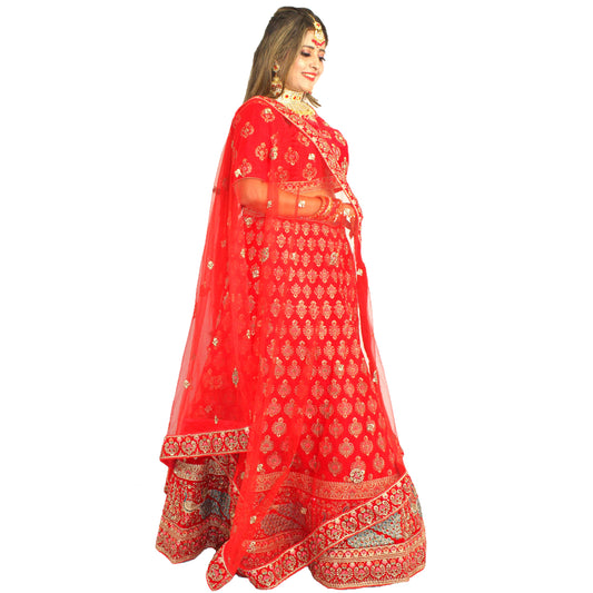 Maharani's Designer Bridal Lehenga - Stunning Red in Velvet (L)