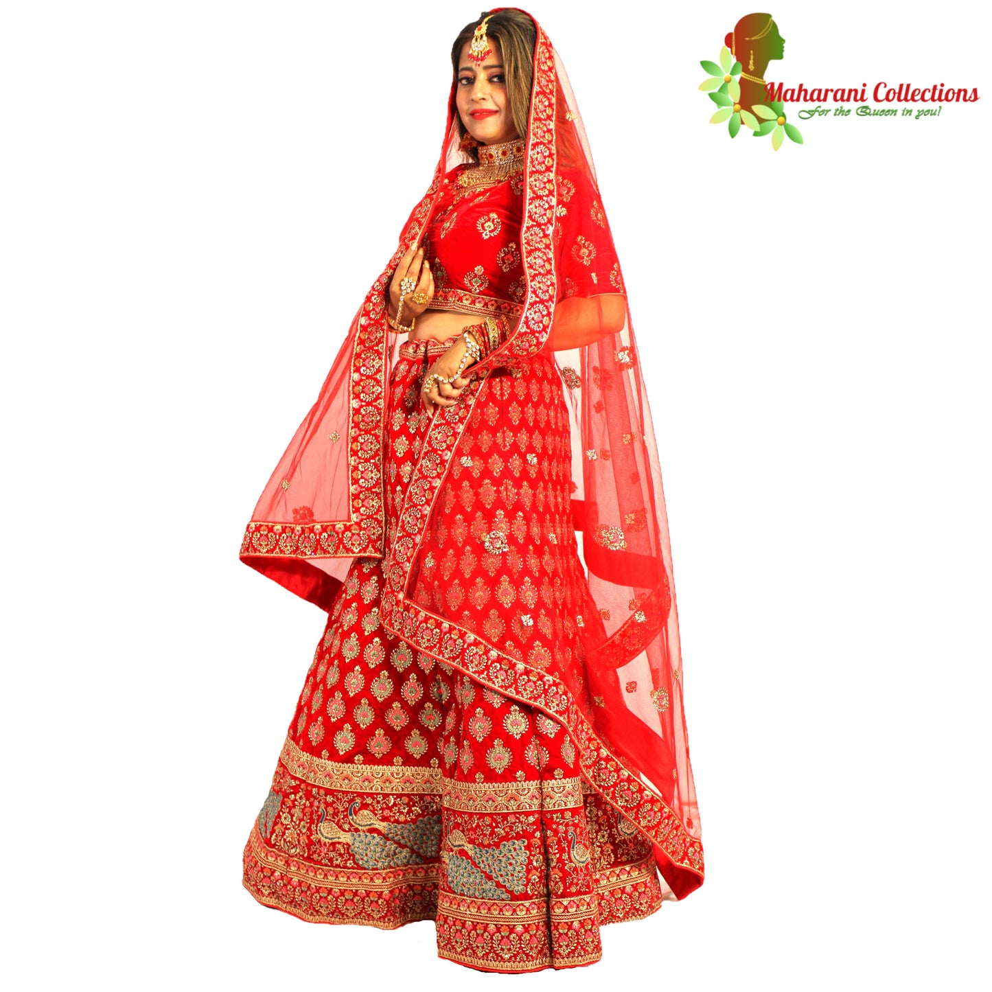Maharani's Designer Bridal Lehenga - Stunning Red in Velvet (L)