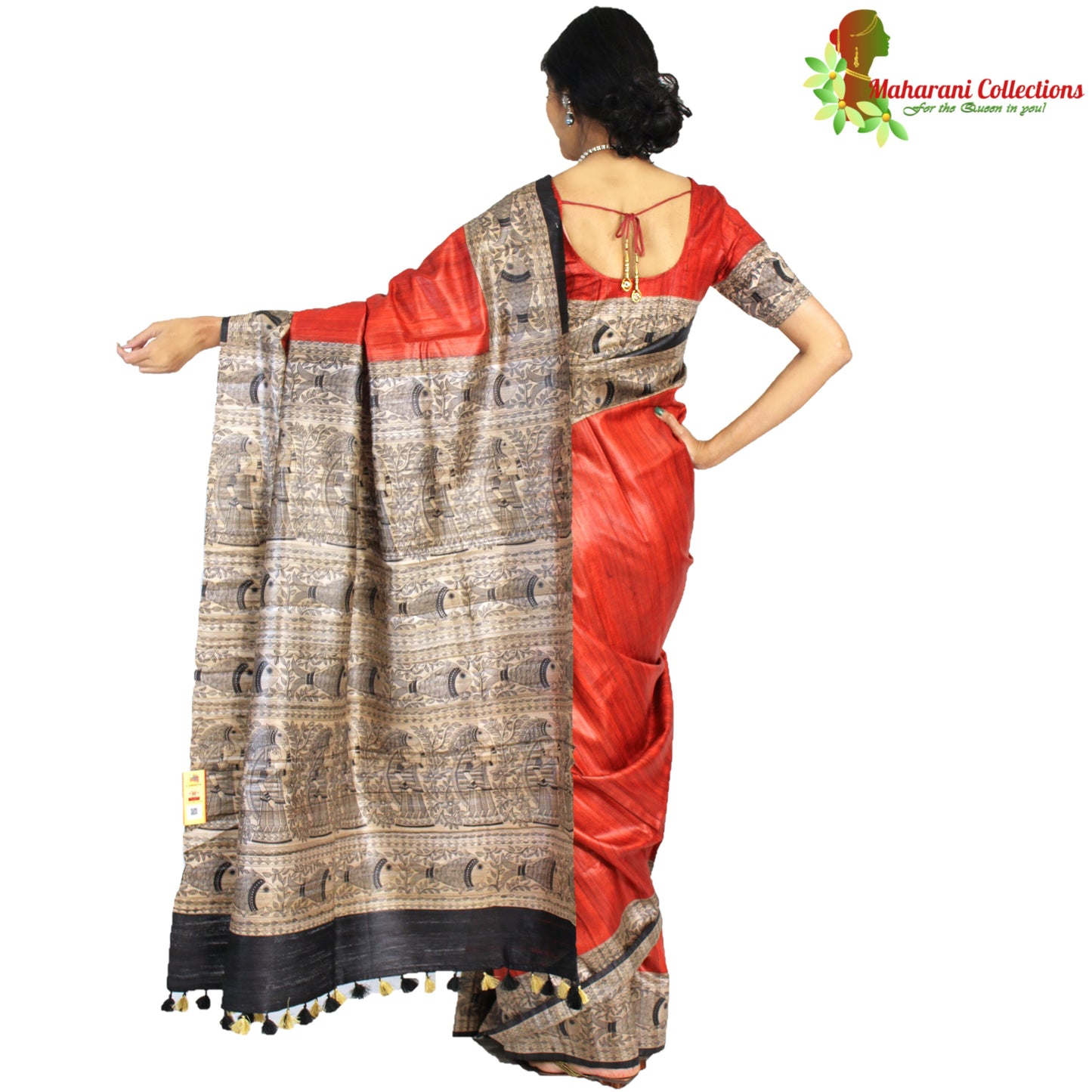 Maharani's Pure Tussar Silk Saree (Silk Mark) - Orange with Madhubani Hand Painting