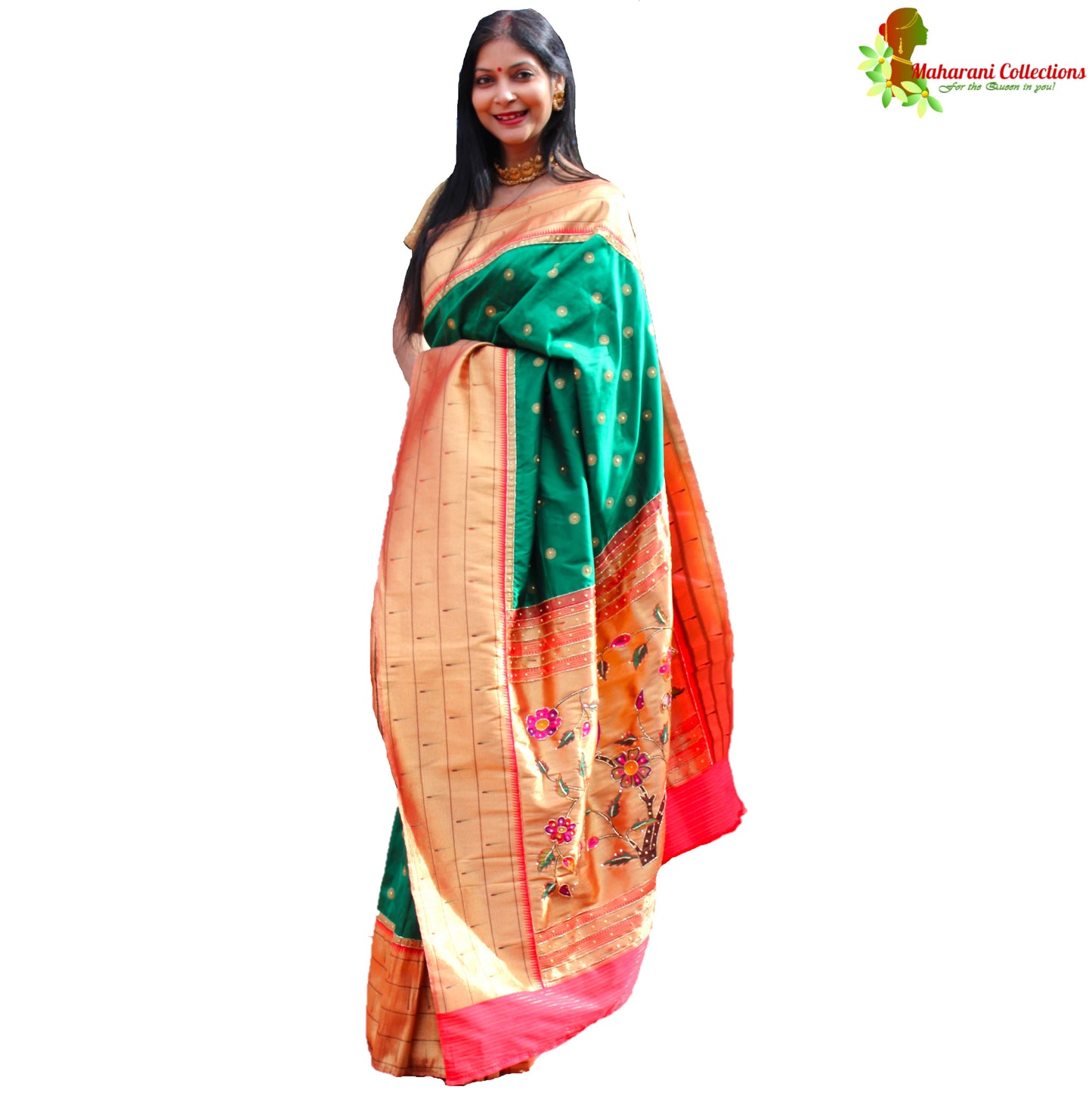 Maharani's Pure Banarasi Silk Paithani Saree - Bottle Green and Golden (with Stitched Petticoat)