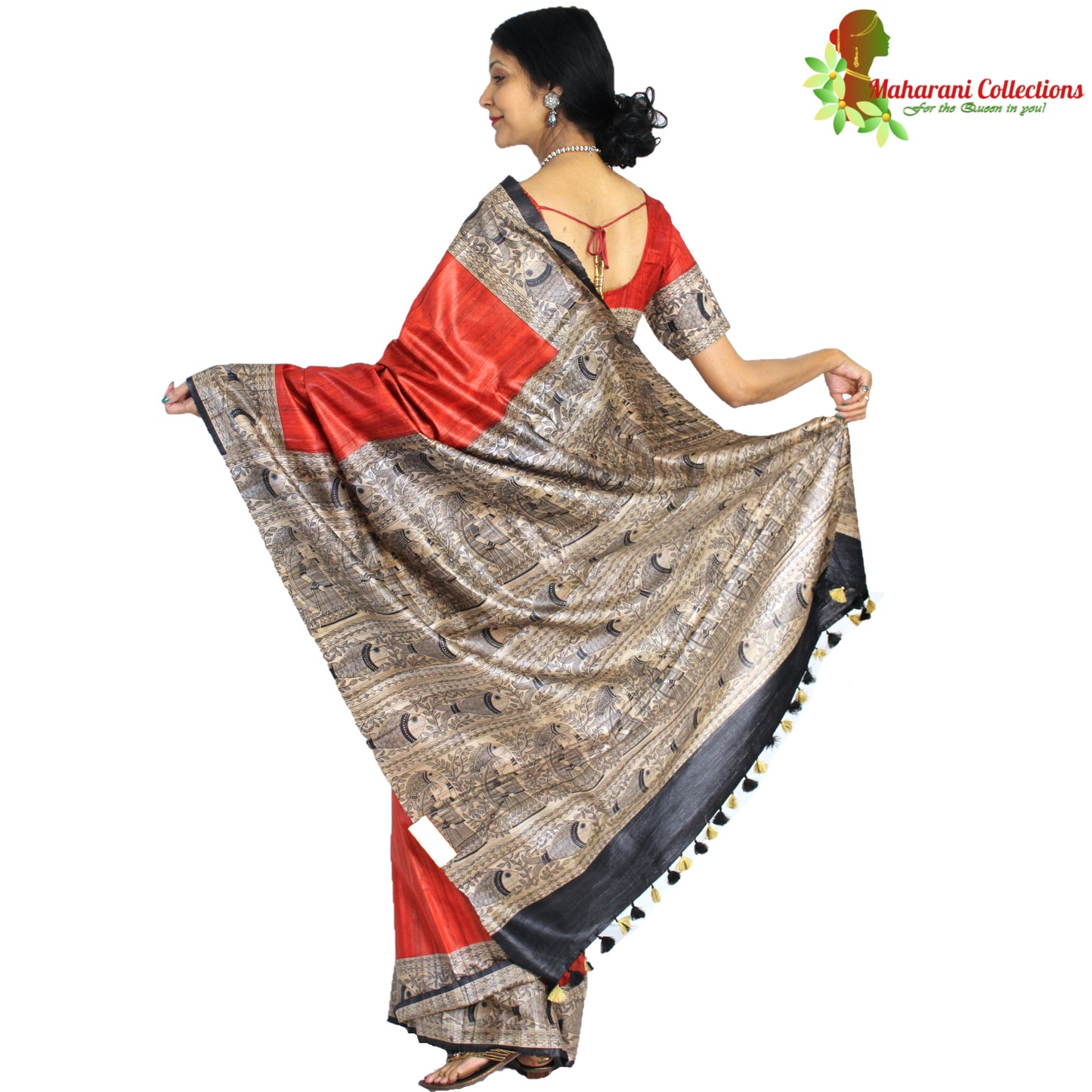 Maharani's Pure Tussar Silk Saree (Silk Mark) - Orange with Madhubani Hand Painting