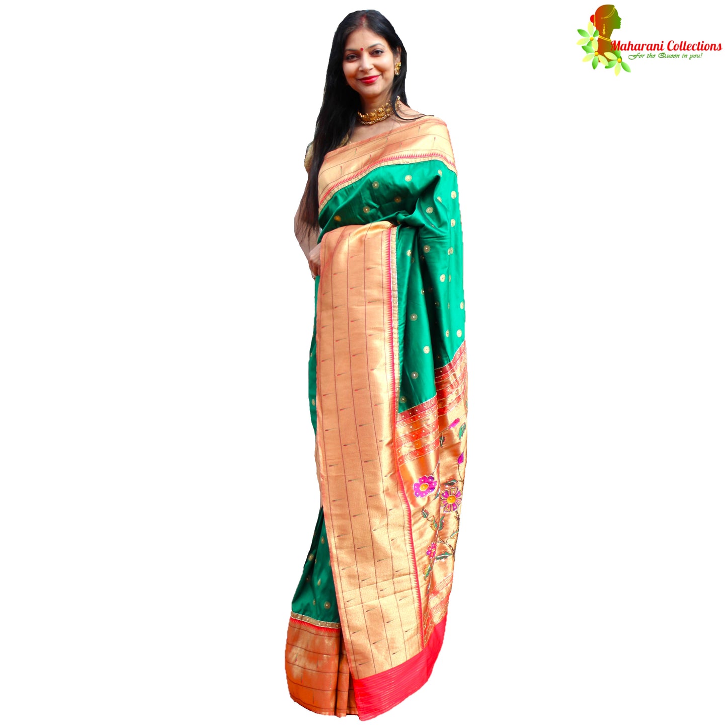 Maharani's Pure Banarasi Silk Paithani Saree - Bottle Green and Golden (with Stitched Petticoat)