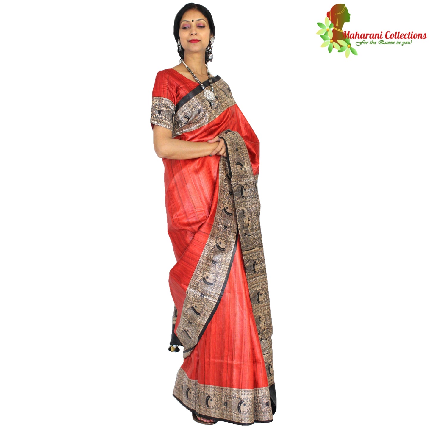 Maharani's Pure Tussar Silk Saree (Silk Mark) - Orange with Madhubani Hand Painting