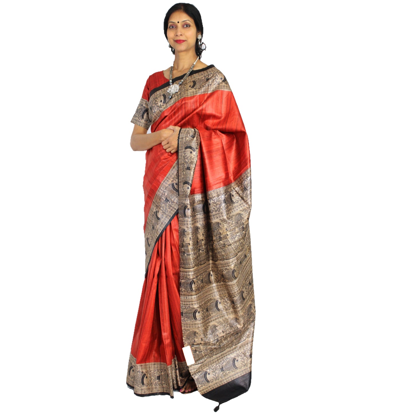 Maharani's Pure Tussar Silk Saree (Silk Mark) - Orange with Madhubani Hand Painting