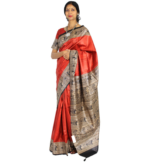 Maharani's Pure Tussar Silk Saree (Silk Mark) - Orange with Madhubani Hand Painting