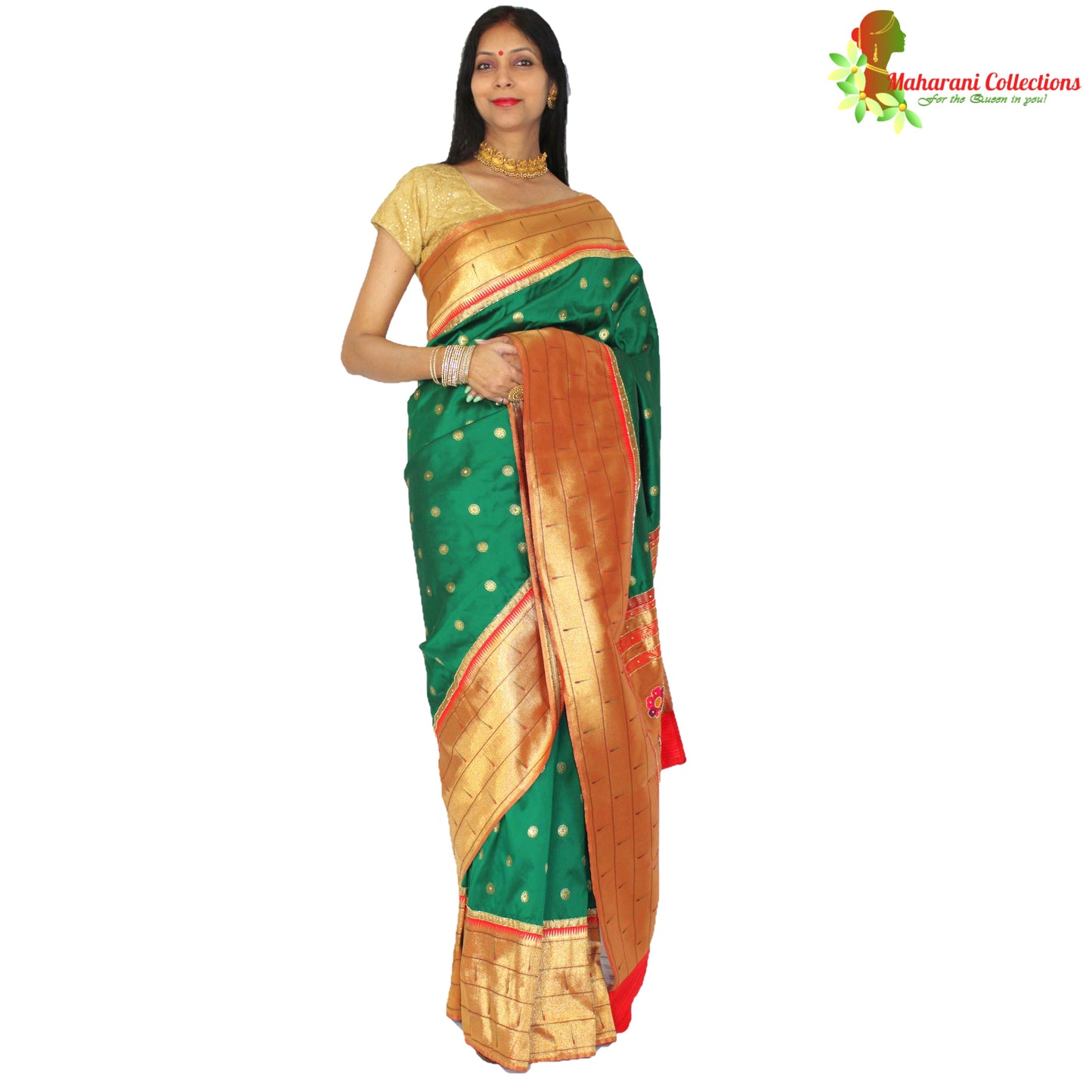 Maharani's Pure Banarasi Silk Paithani Saree - Bottle Green and Golden (with Stitched Petticoat)
