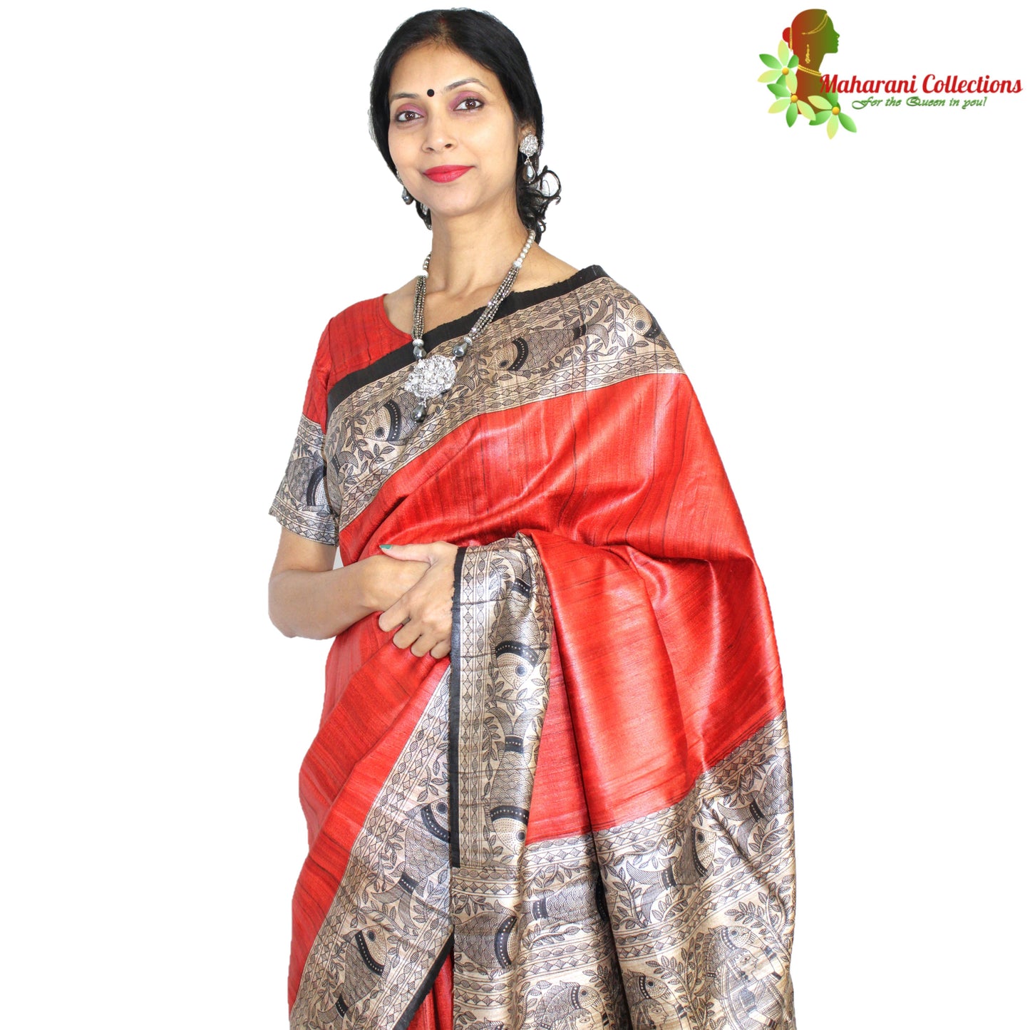 Maharani's Pure Tussar Silk Saree (Silk Mark) - Orange with Madhubani Hand Painting