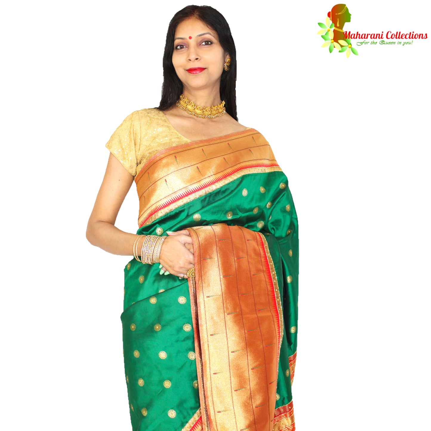 Maharani's Pure Banarasi Silk Paithani Saree - Bottle Green and Golden (with Stitched Petticoat)