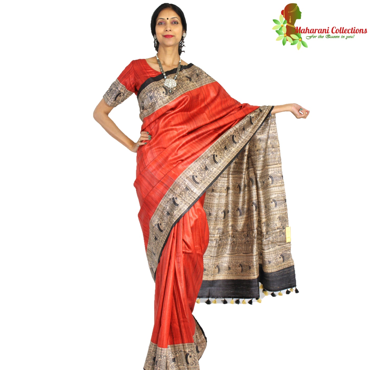 Maharani's Pure Tussar Silk Saree (Silk Mark) - Orange with Madhubani Hand Painting