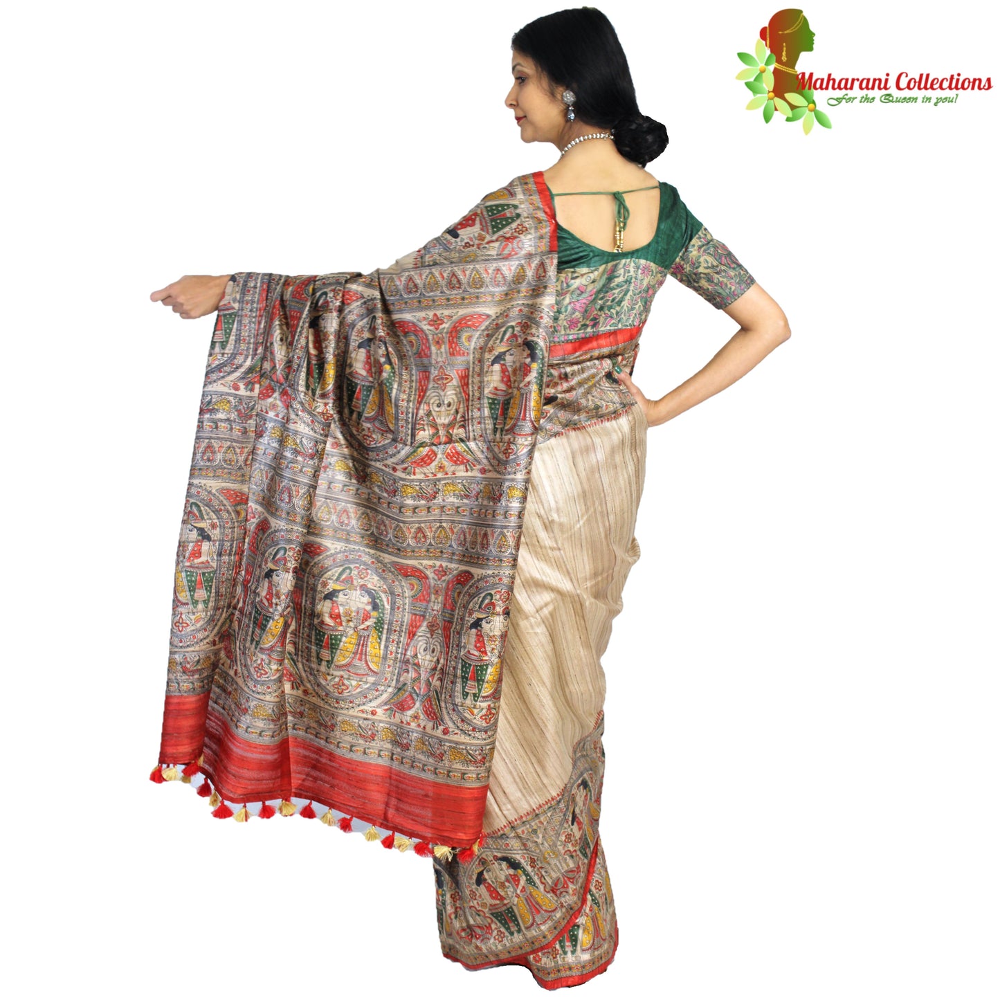 Maharani's Pure Tussar Silk Saree (Silk Mark) - Beige with Madhubani Hand Painting
