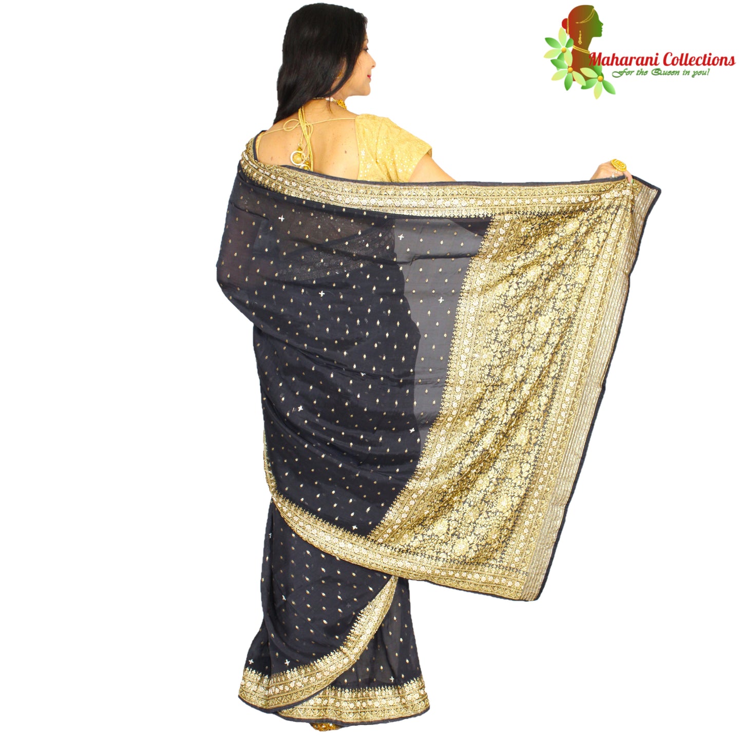 Maharani's Pure Banarasi Georgette Saree - Black (with Stitched Petticoat)