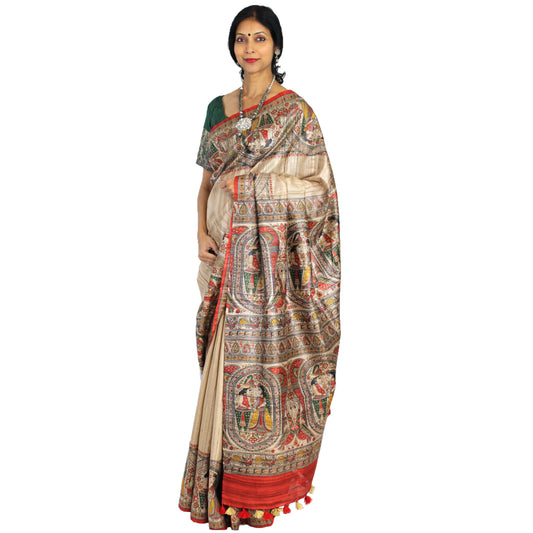 Maharani's Pure Tussar Silk Saree (Silk Mark) - Beige with Madhubani Hand Painting