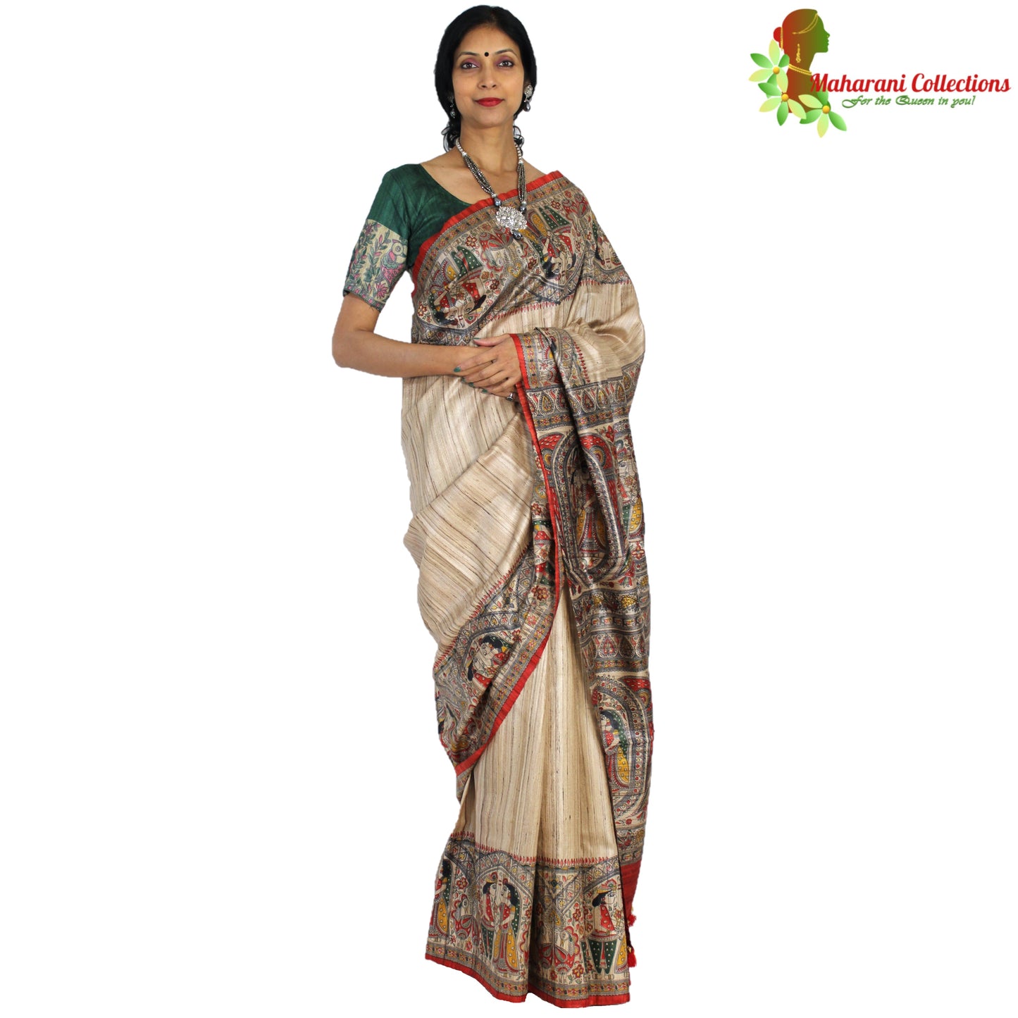 Maharani's Pure Tussar Silk Saree (Silk Mark) - Beige with Madhubani Hand Painting