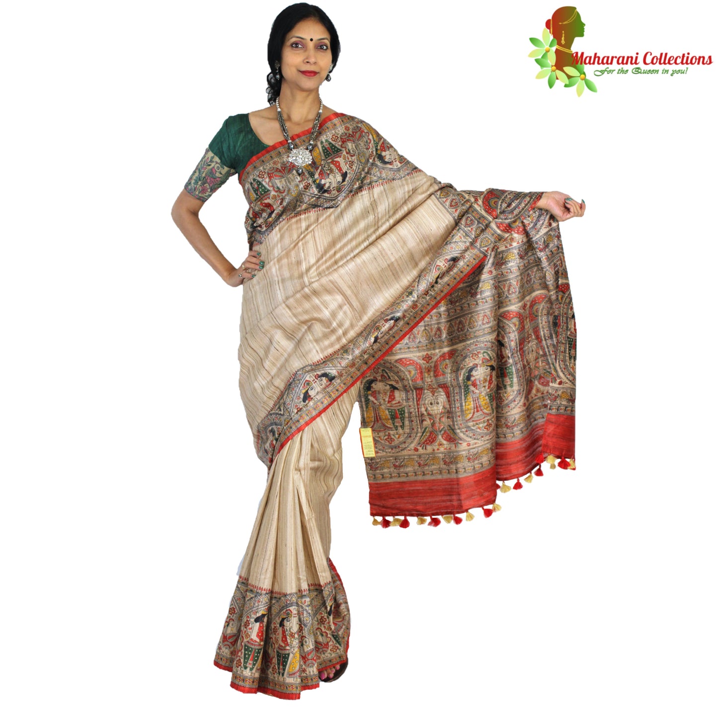 Maharani's Pure Tussar Silk Saree (Silk Mark) - Beige with Madhubani Hand Painting