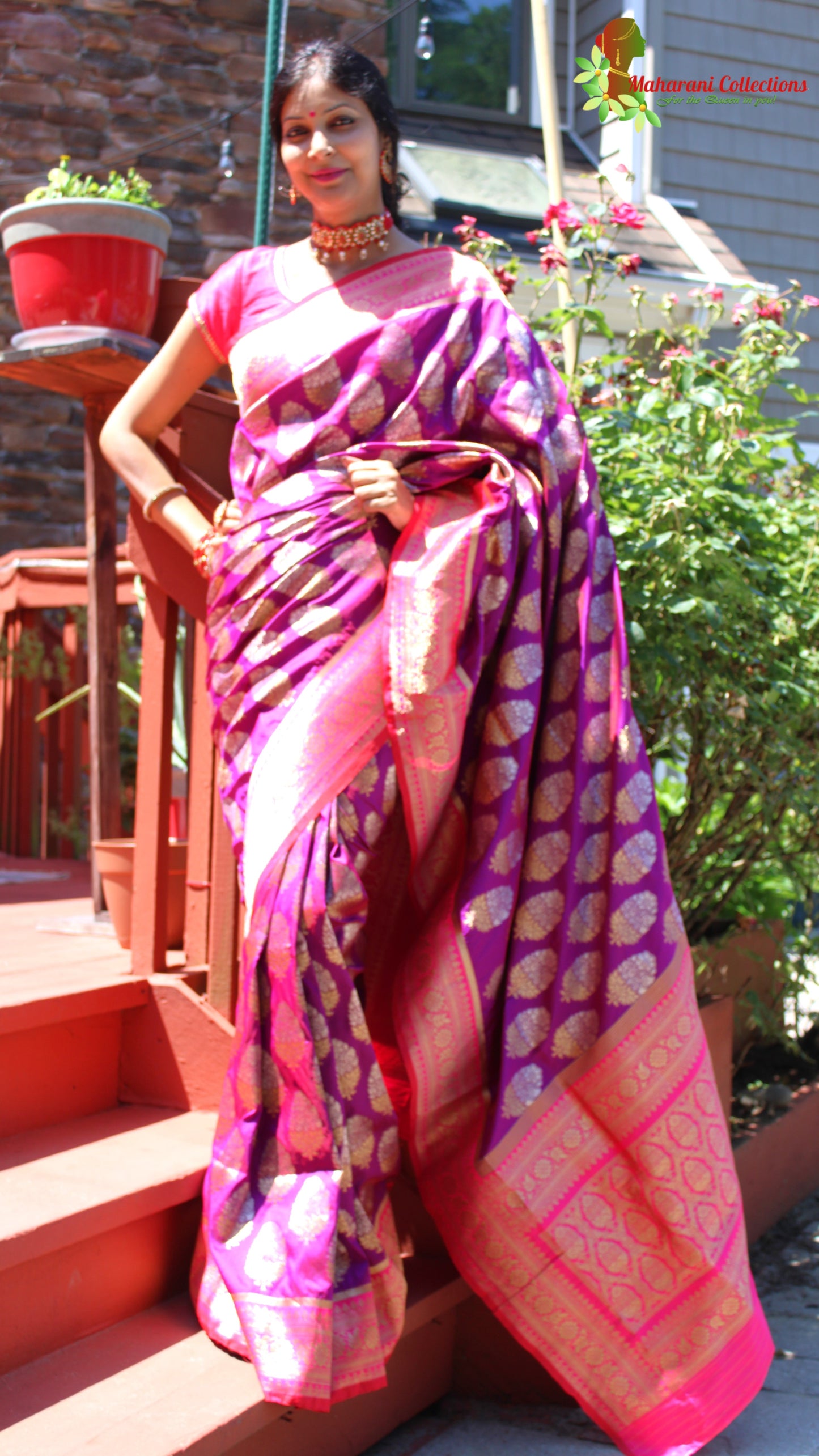 Maharani's Pure Banarasi Silk Saree - Purple (with stitched Blouse and Petticoat)