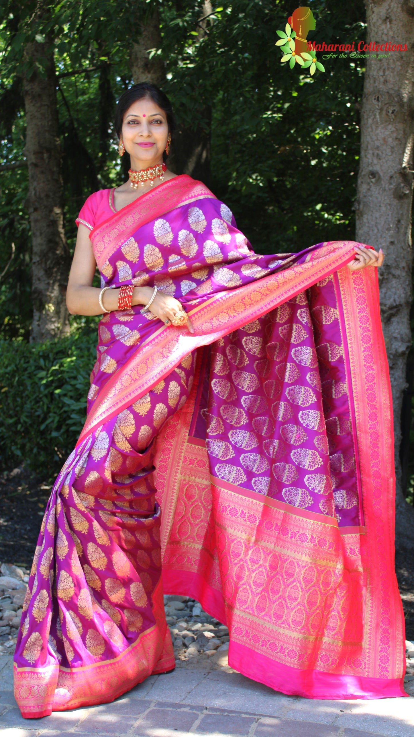 Maharani's Pure Banarasi Silk Saree - Purple (with stitched Blouse and Petticoat)