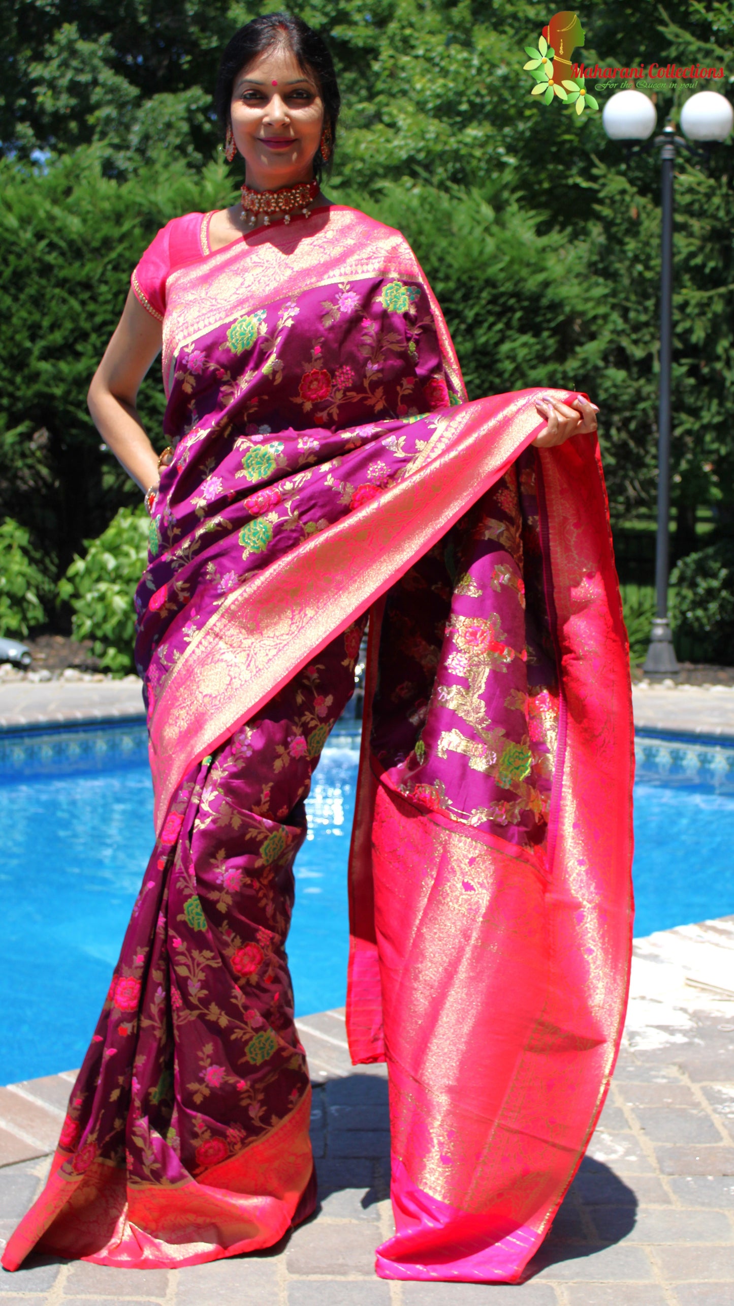 Maharani's Pure Banarasi Silk Saree - Purple/Wine (with stitched Blouse and Petticoat)