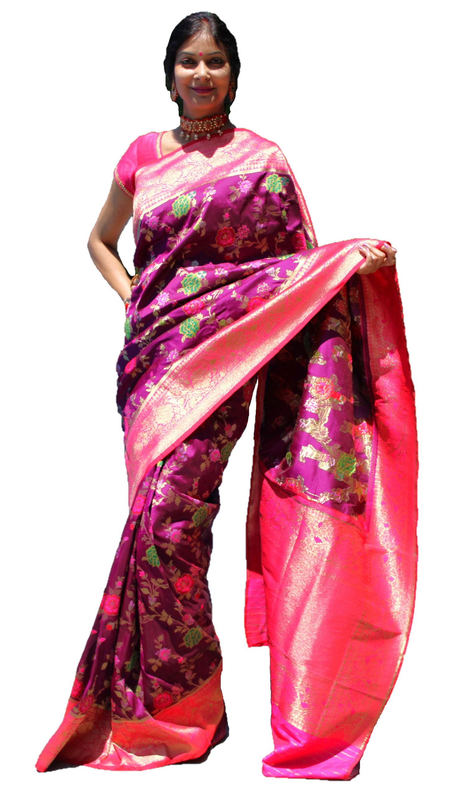 Maharani's Pure Banarasi Silk Saree - Purple/Wine (with stitched Blouse and Petticoat)