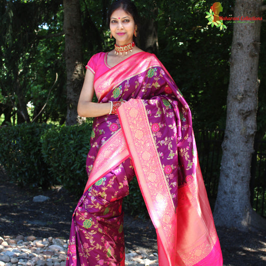 Maharani's Pure Banarasi Silk Saree - Purple/Wine (with stitched Blouse and Petticoat)
