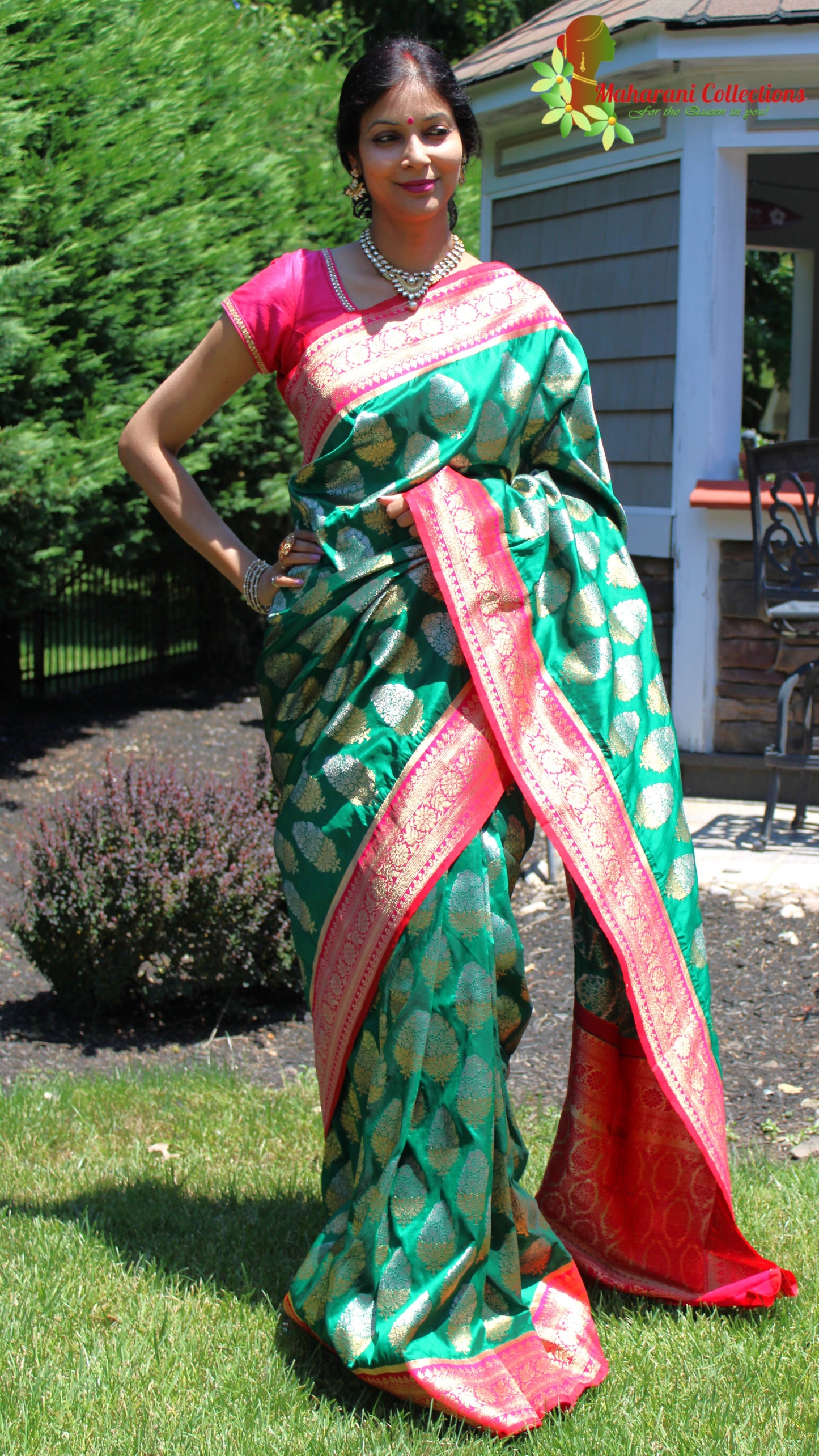 Maharani's Pure Banarasi Silk Saree - Bottle Green (with stitched Blouse and Petticoat)