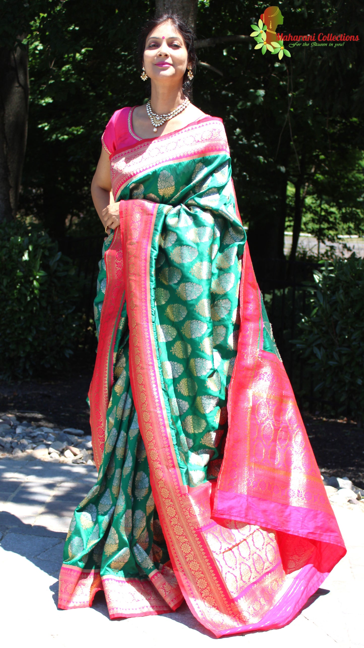 Maharani's Pure Banarasi Silk Saree - Bottle Green (with stitched Blouse and Petticoat)