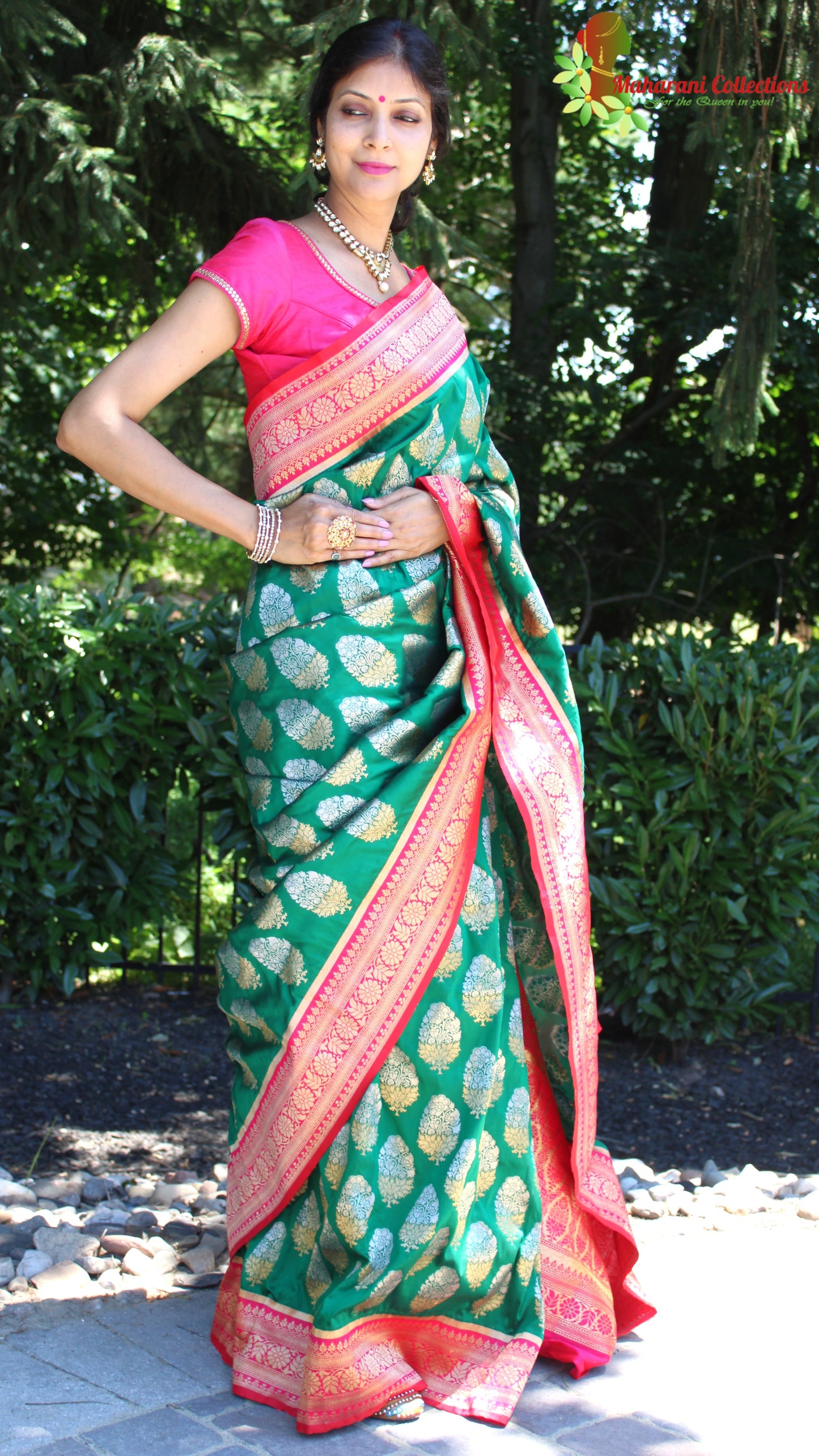 Maharani's Pure Banarasi Silk Saree - Bottle Green (with stitched Blouse and Petticoat)