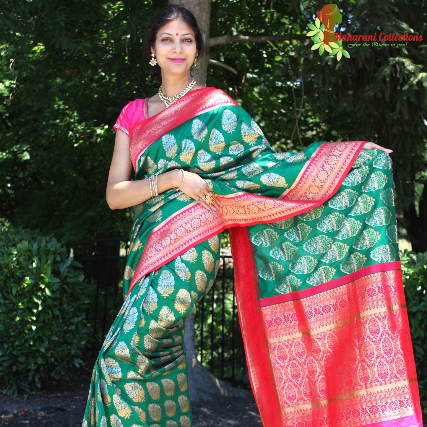 Maharani's Pure Banarasi Silk Saree - Bottle Green (with stitched Blouse and Petticoat)