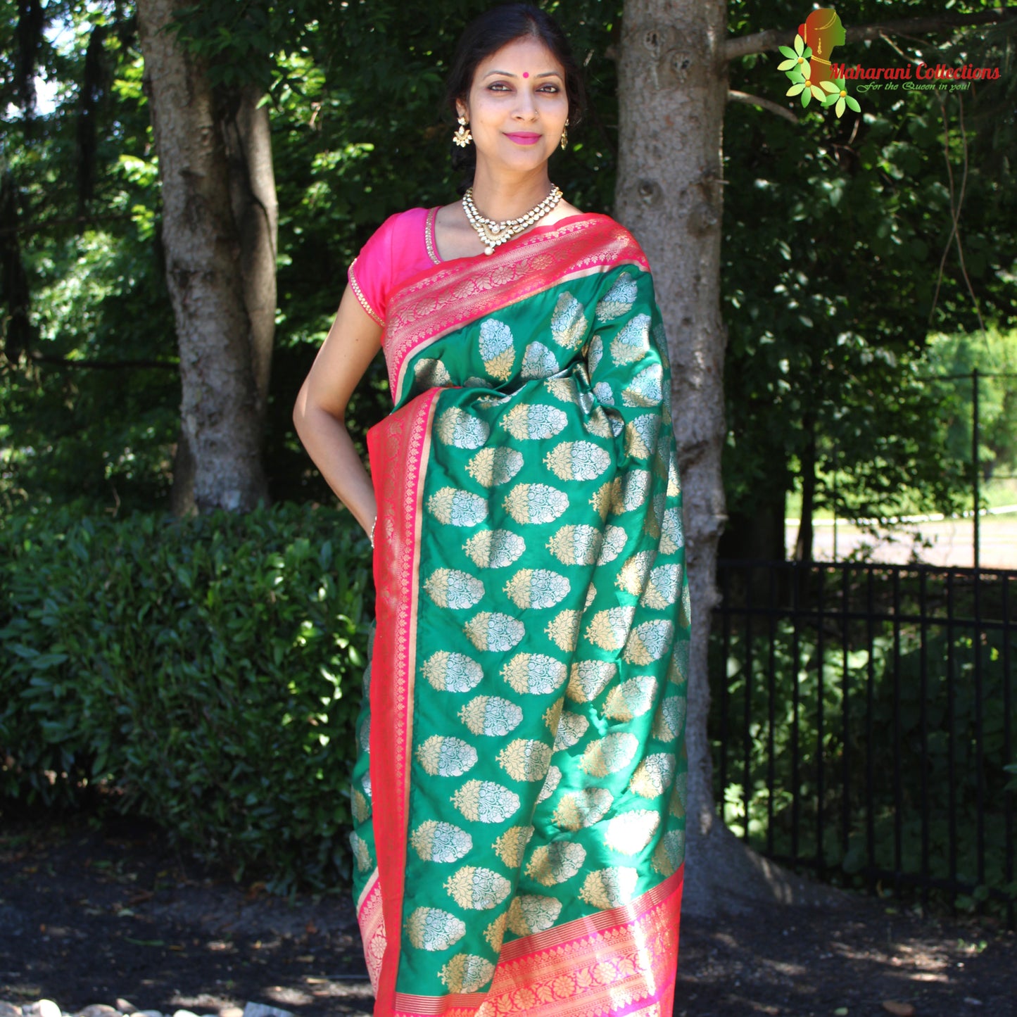 Maharani's Pure Banarasi Silk Saree - Bottle Green (with stitched Blouse and Petticoat)