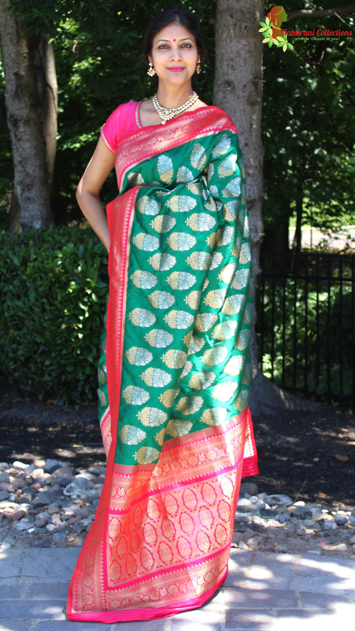Maharani's Pure Banarasi Silk Saree - Bottle Green (with stitched Blouse and Petticoat)