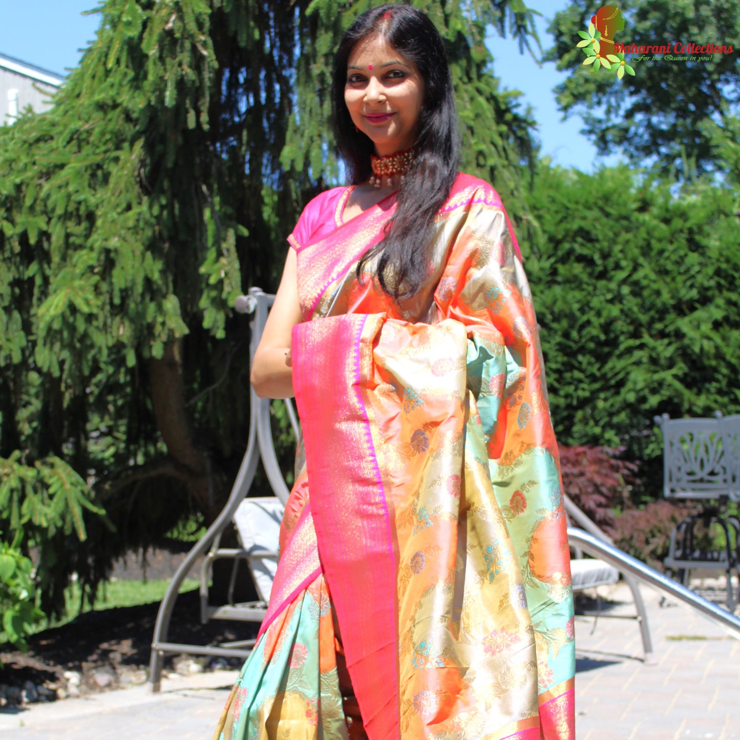 Maharani's Pure Banarasi Silk Saree - Orange and Teal (with stitched Blouse and Petticoat)