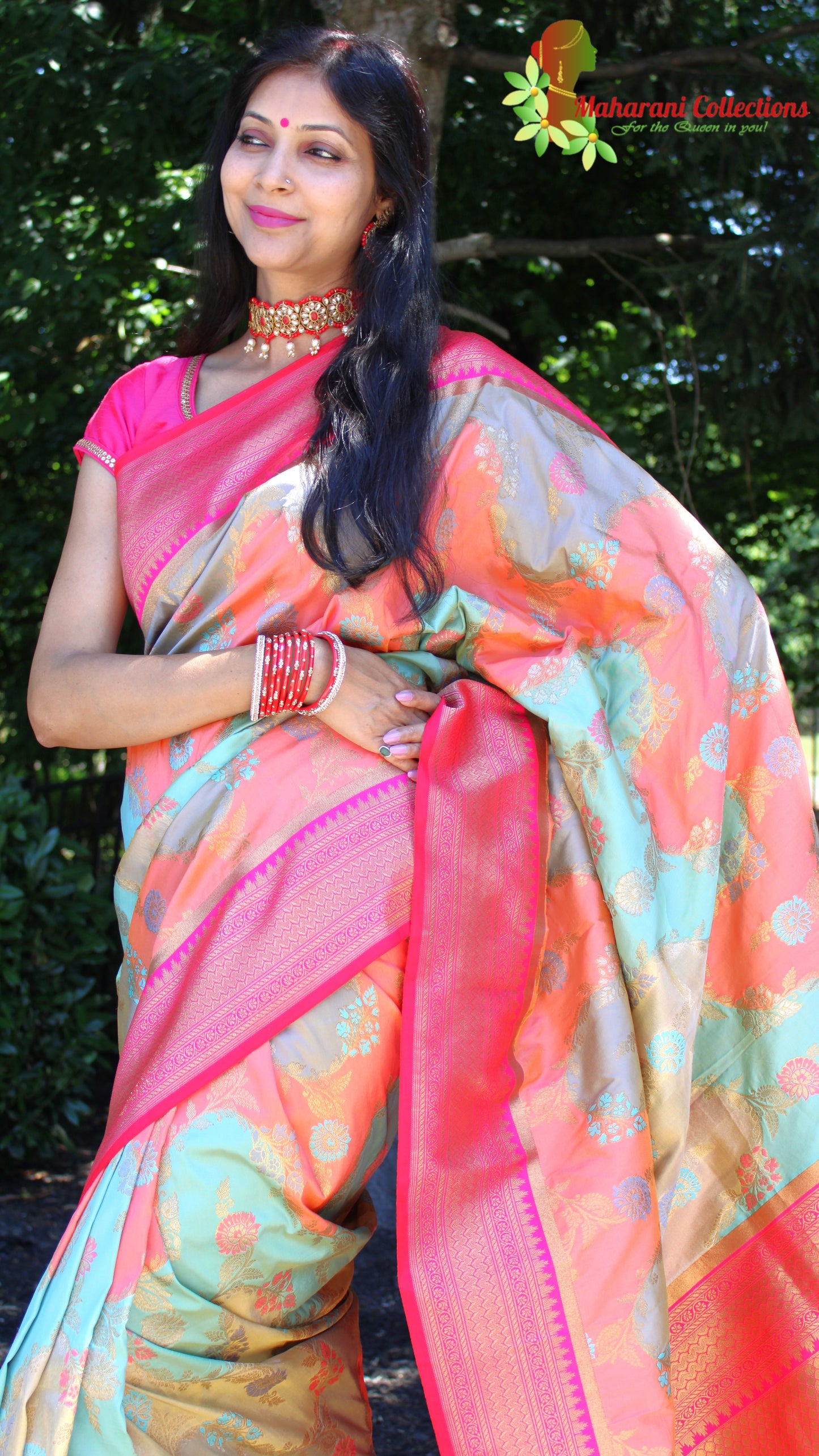 Maharani's Pure Banarasi Silk Saree - Orange and Teal (with stitched Blouse and Petticoat)