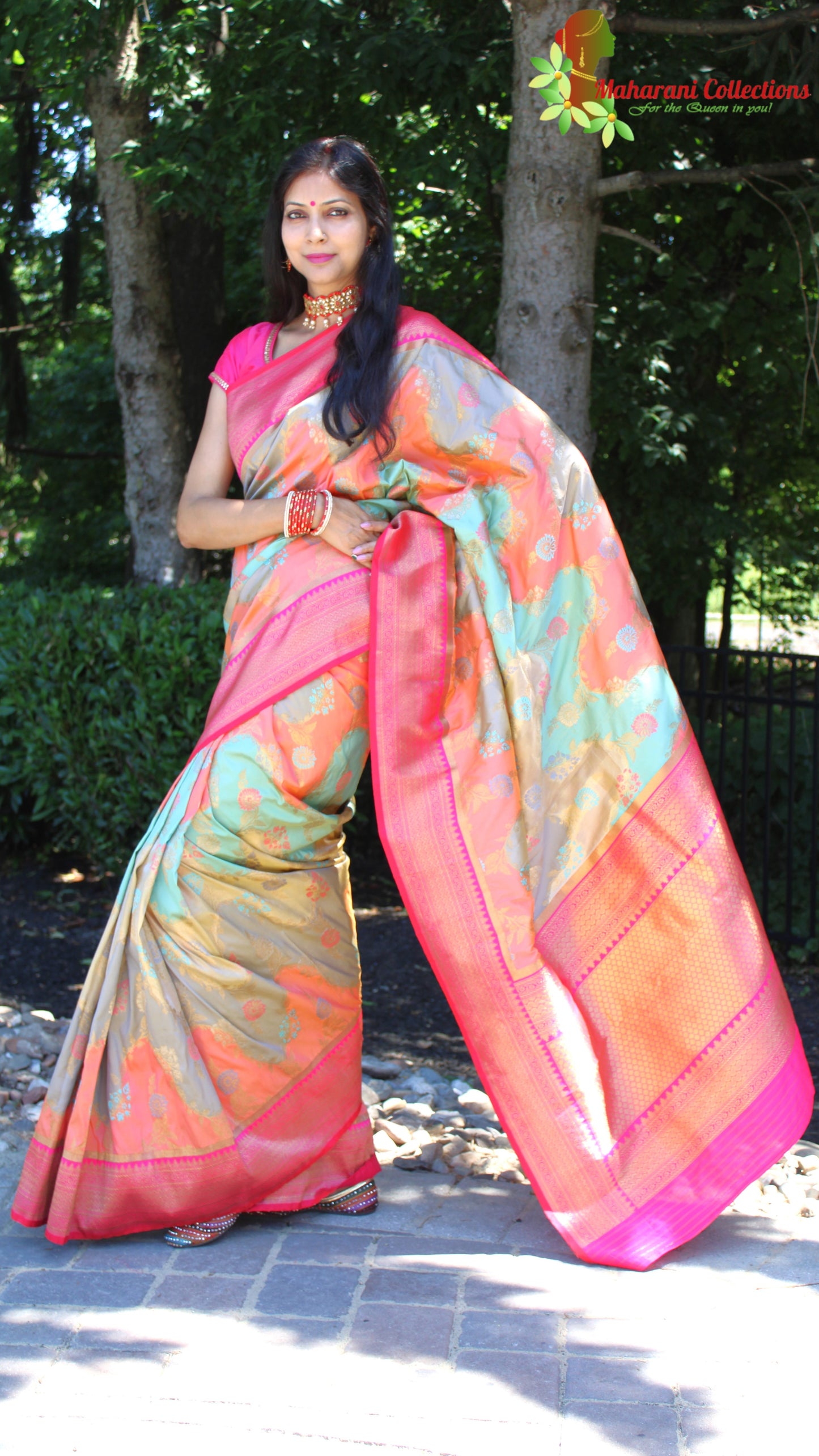 Maharani's Pure Banarasi Silk Saree - Orange and Teal (with stitched Blouse and Petticoat)