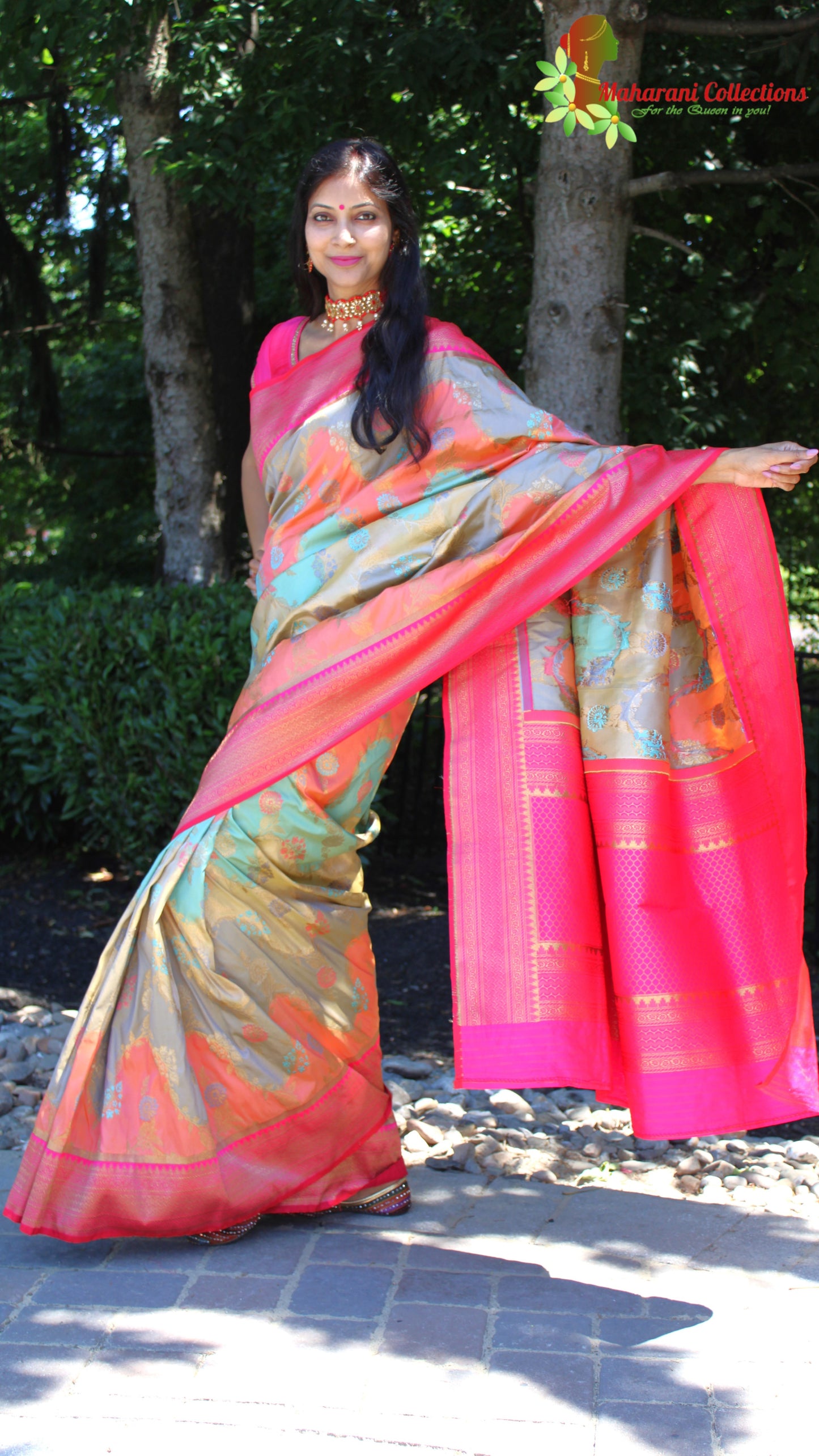 Maharani's Pure Banarasi Silk Saree - Orange and Teal (with stitched Blouse and Petticoat)