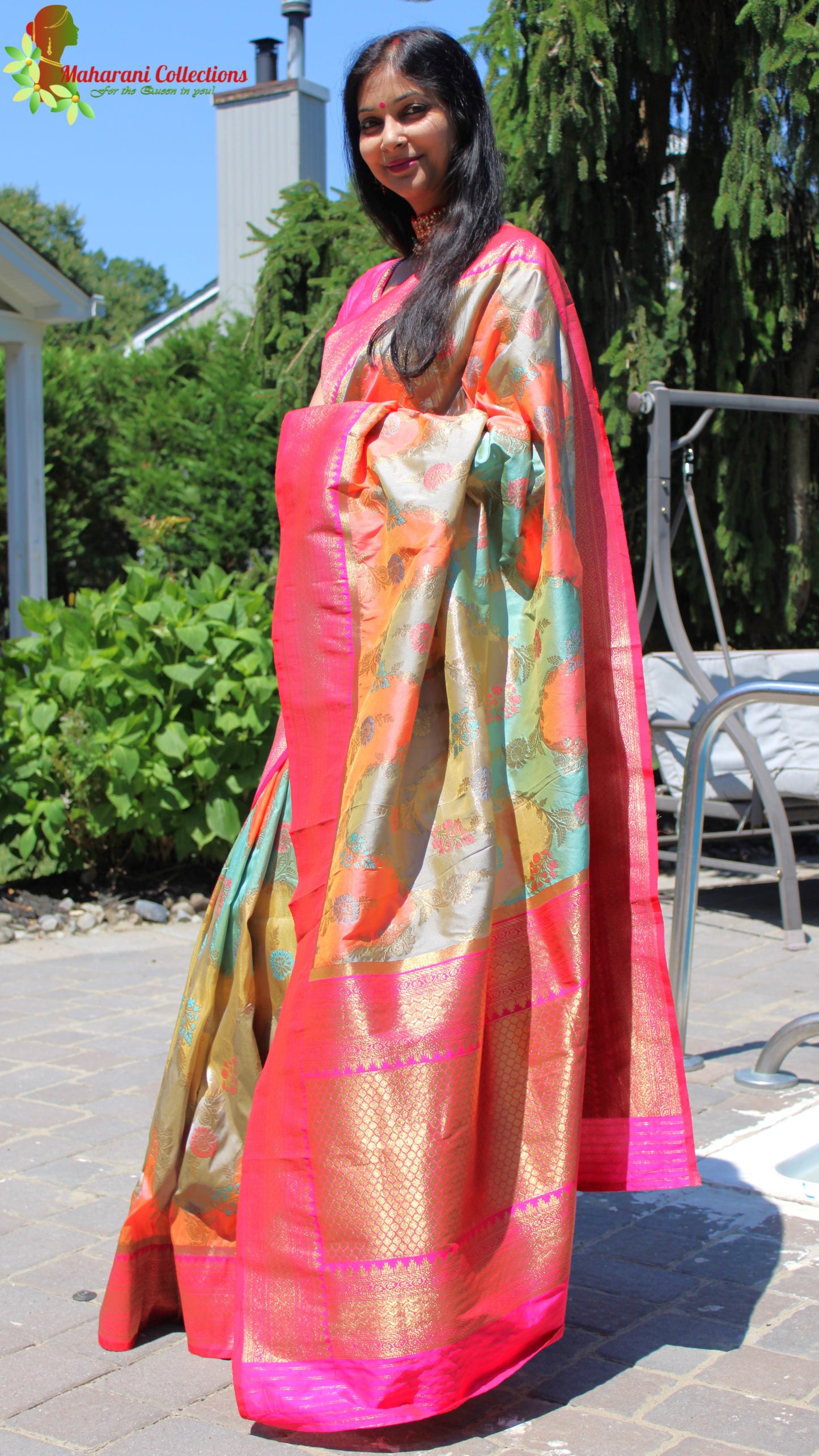 Maharani's Pure Banarasi Silk Saree - Orange and Teal (with stitched Blouse and Petticoat)