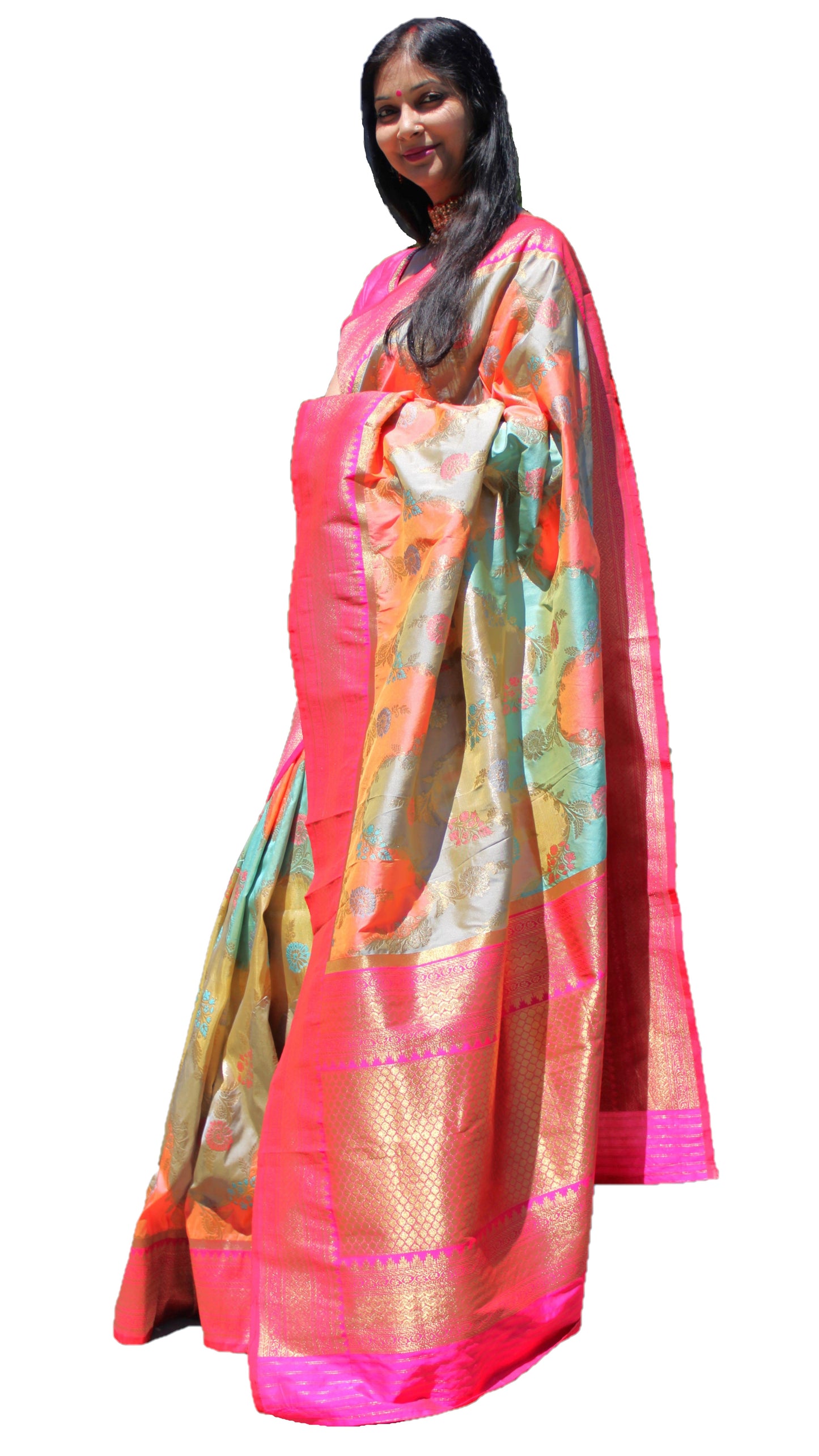 Maharani's Pure Banarasi Silk Saree - Orange and Teal (with stitched Blouse and Petticoat)
