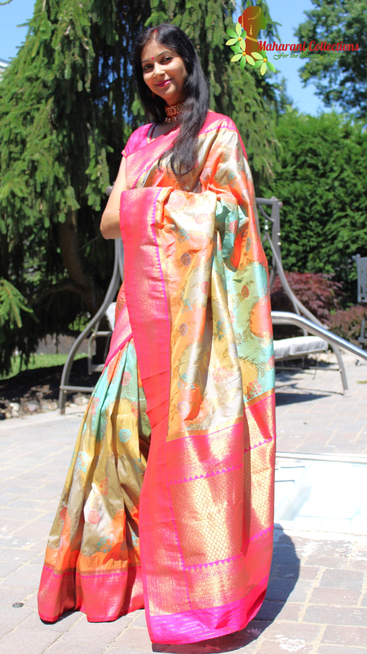 Maharani's Pure Banarasi Silk Saree - Orange and Teal (with stitched Blouse and Petticoat)
