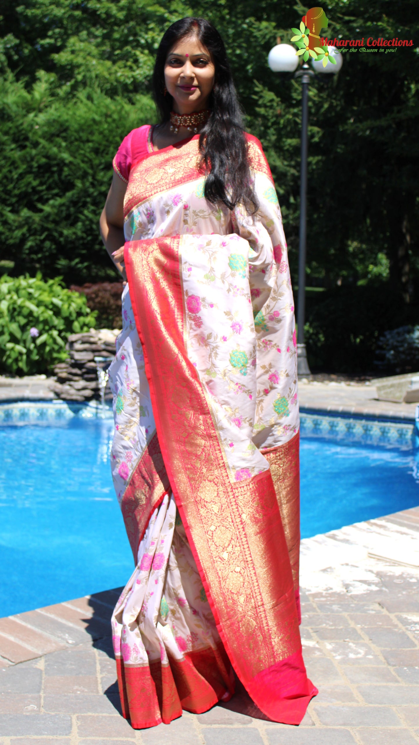 Maharani's Pure Banarasi Silk Saree - Cream (with stitched Blouse and Petticoat)