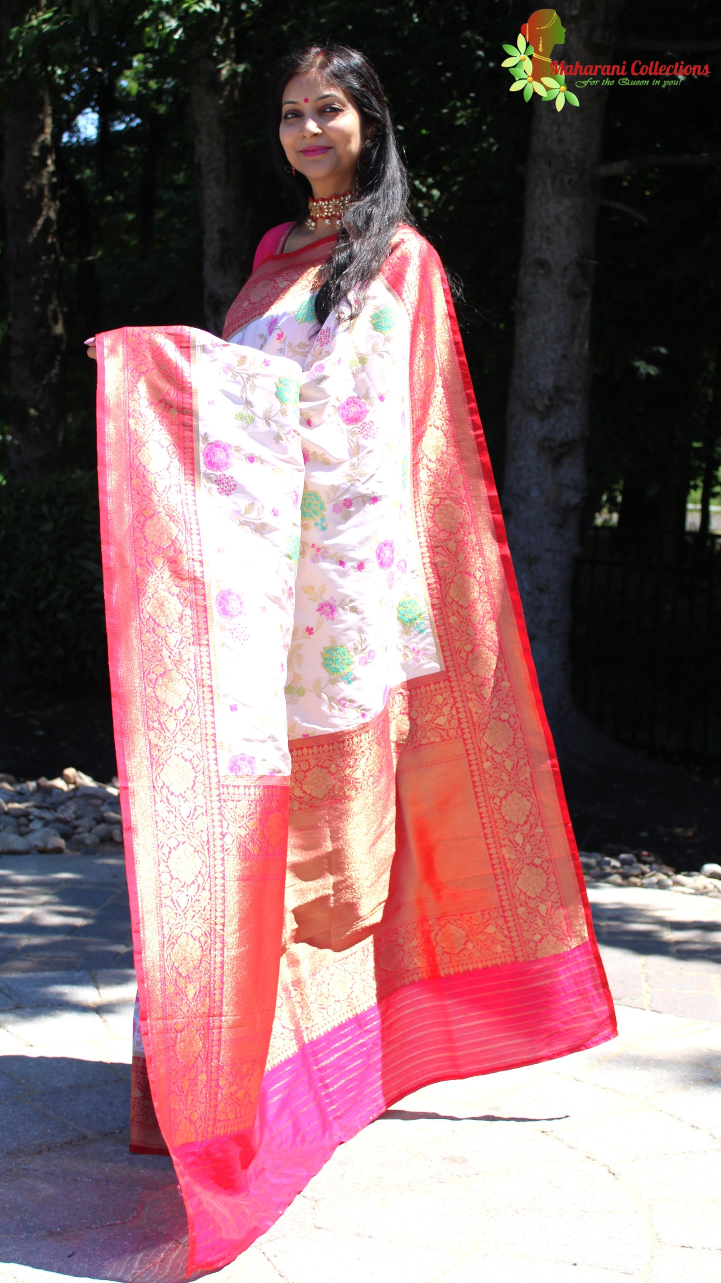 Maharani's Pure Banarasi Silk Saree - Cream (with stitched Blouse and Petticoat)