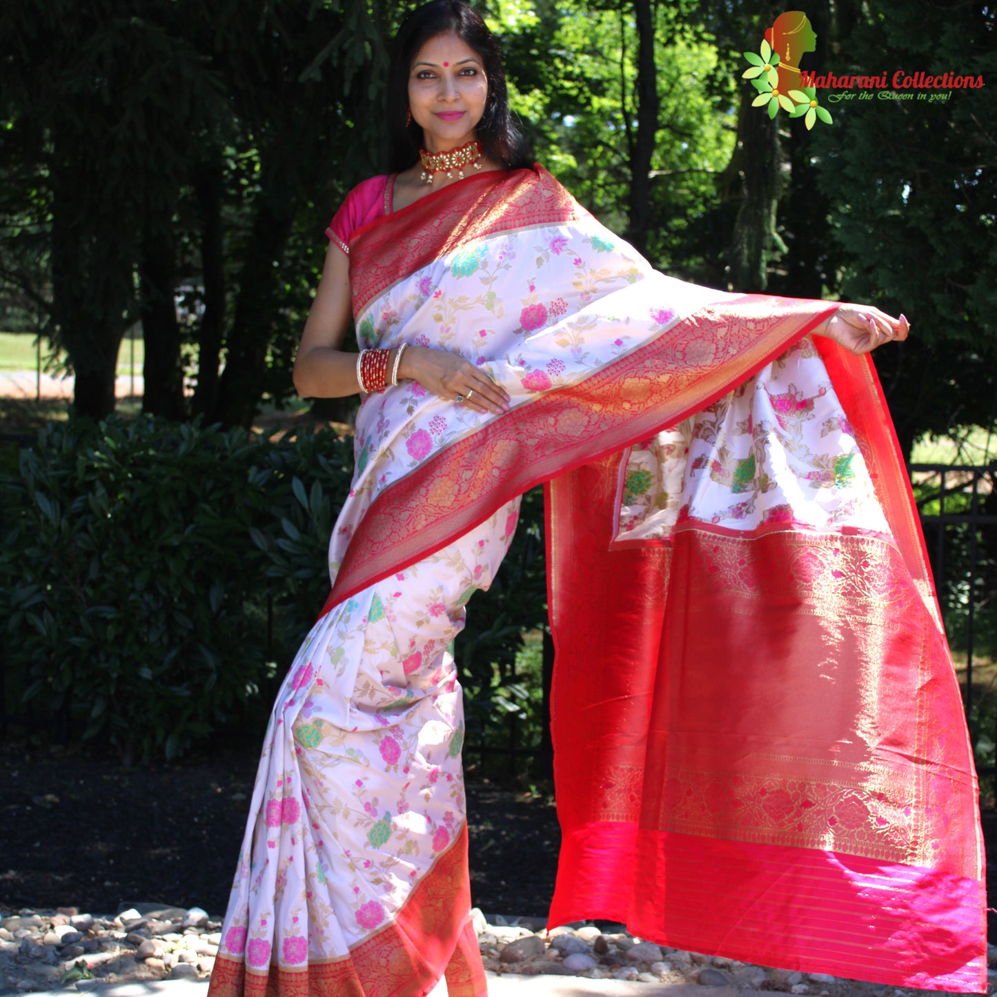 Maharani's Pure Banarasi Silk Saree - Cream (with stitched Blouse and Petticoat)