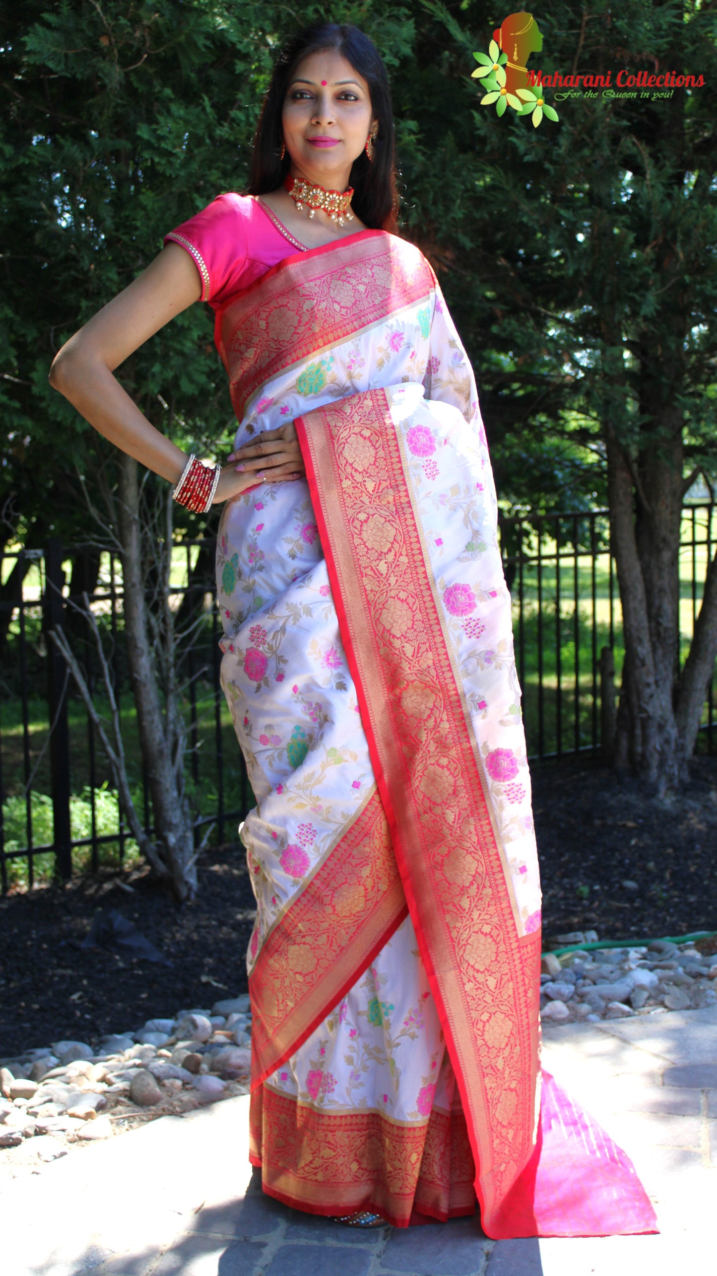 Maharani's Pure Banarasi Silk Saree - Cream (with stitched Blouse and Petticoat)