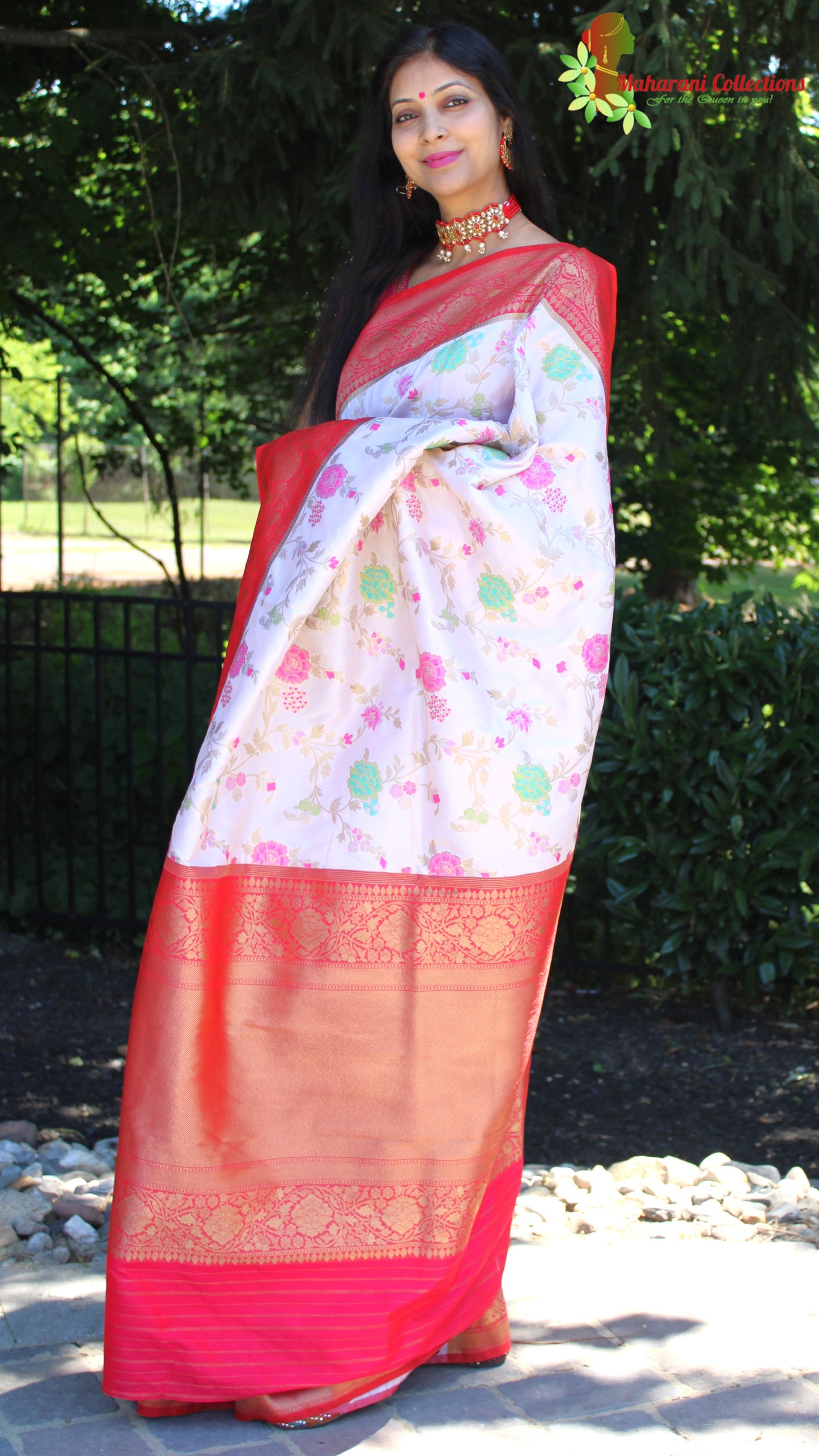 Maharani's Pure Banarasi Silk Saree - Cream (with stitched Blouse and Petticoat)