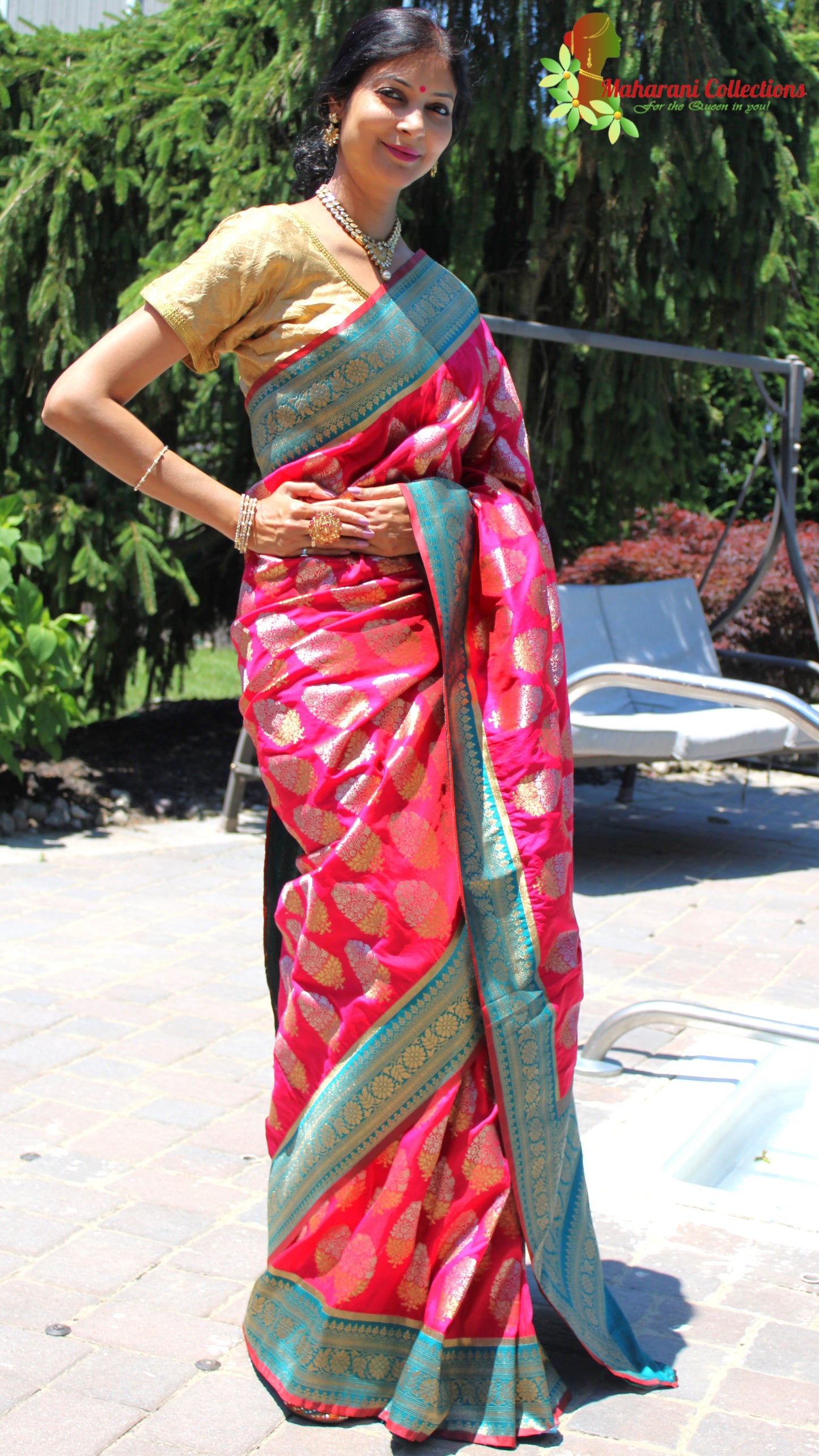 Maharani's Pure Banarasi Silk Saree - Magenta (with stitched Blouse and Petticoat)
