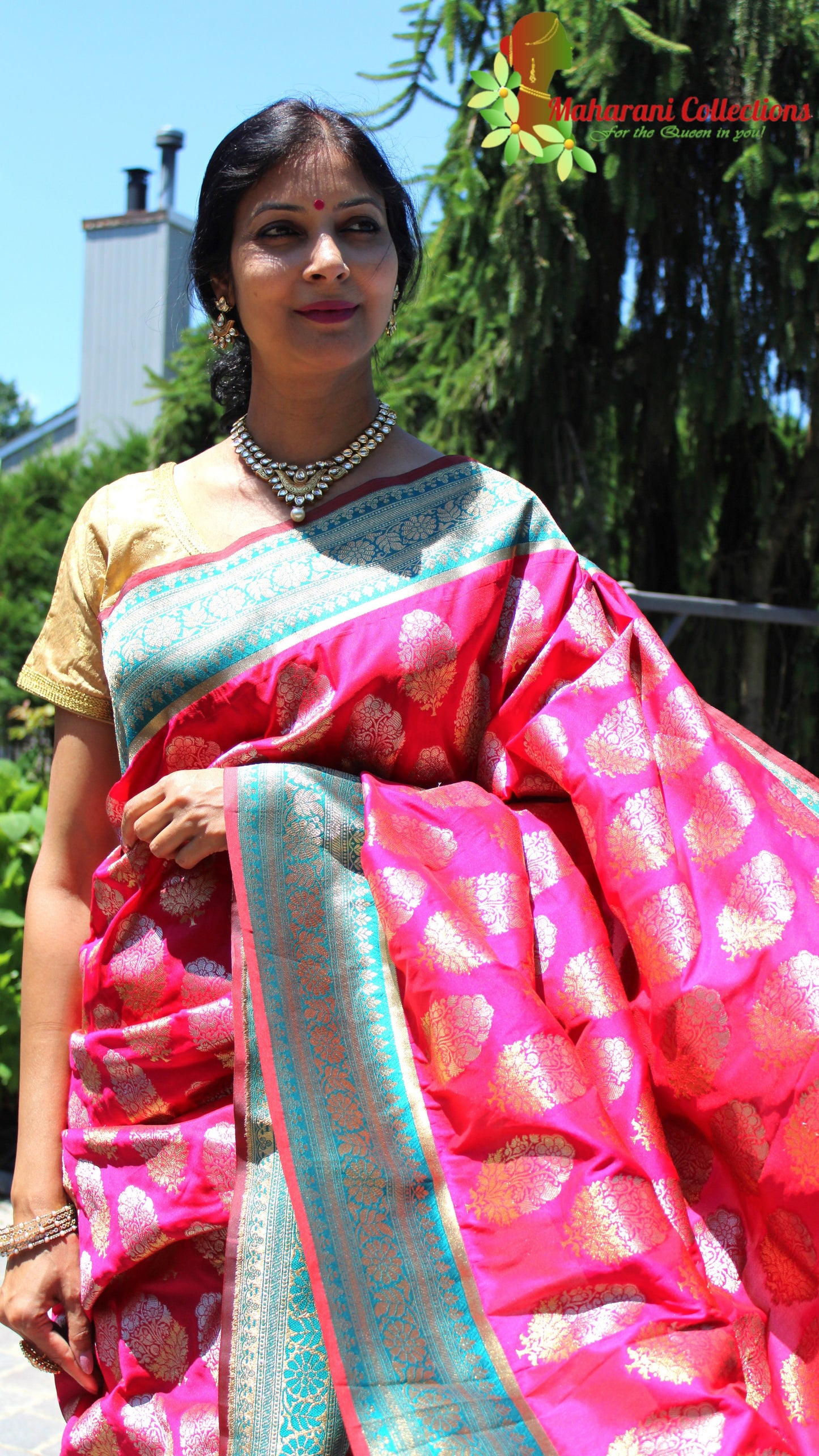 Maharani's Pure Banarasi Silk Saree - Magenta (with stitched Blouse and Petticoat)
