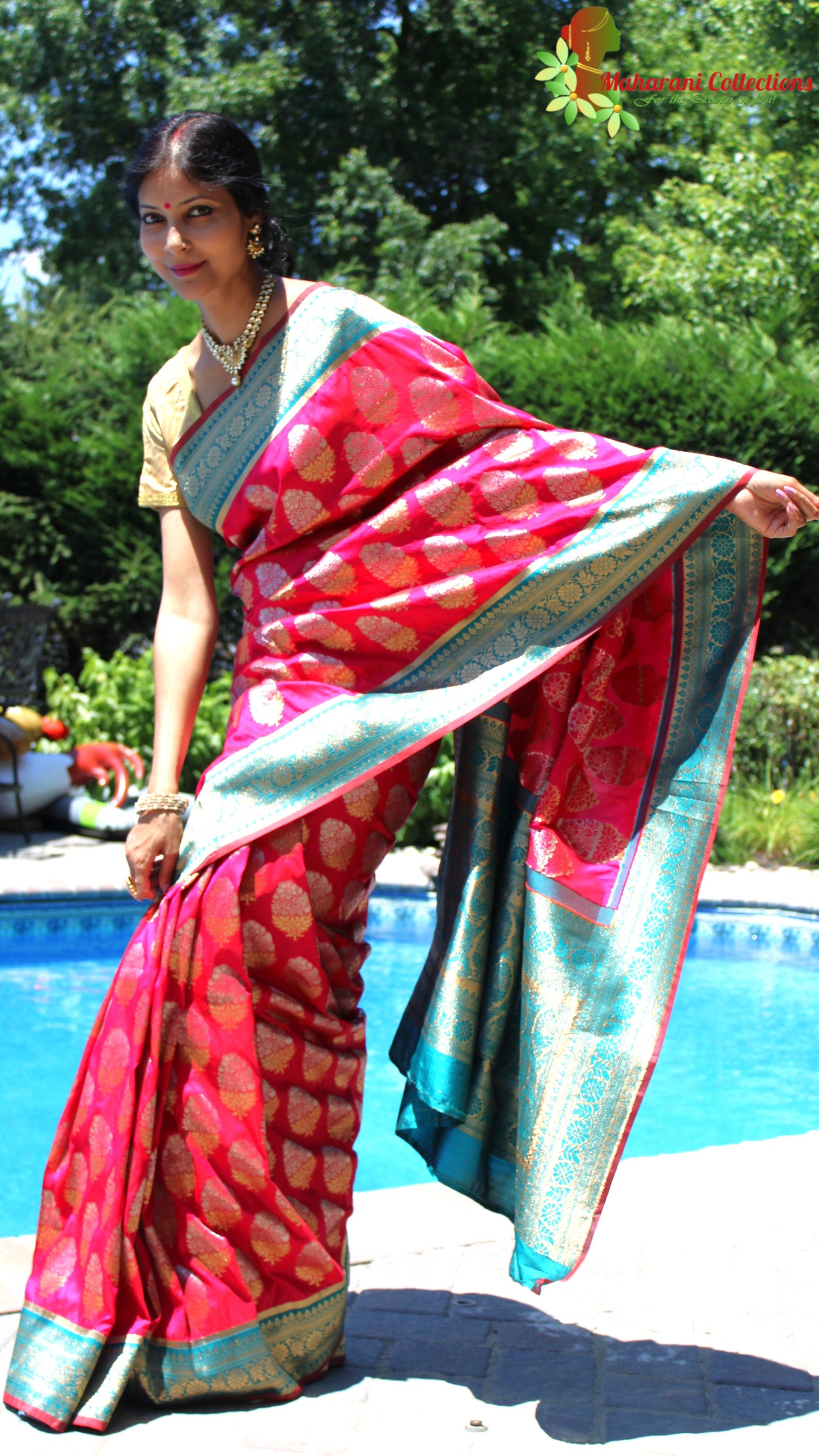 Maharani's Pure Banarasi Silk Saree - Magenta (with stitched Blouse and Petticoat)