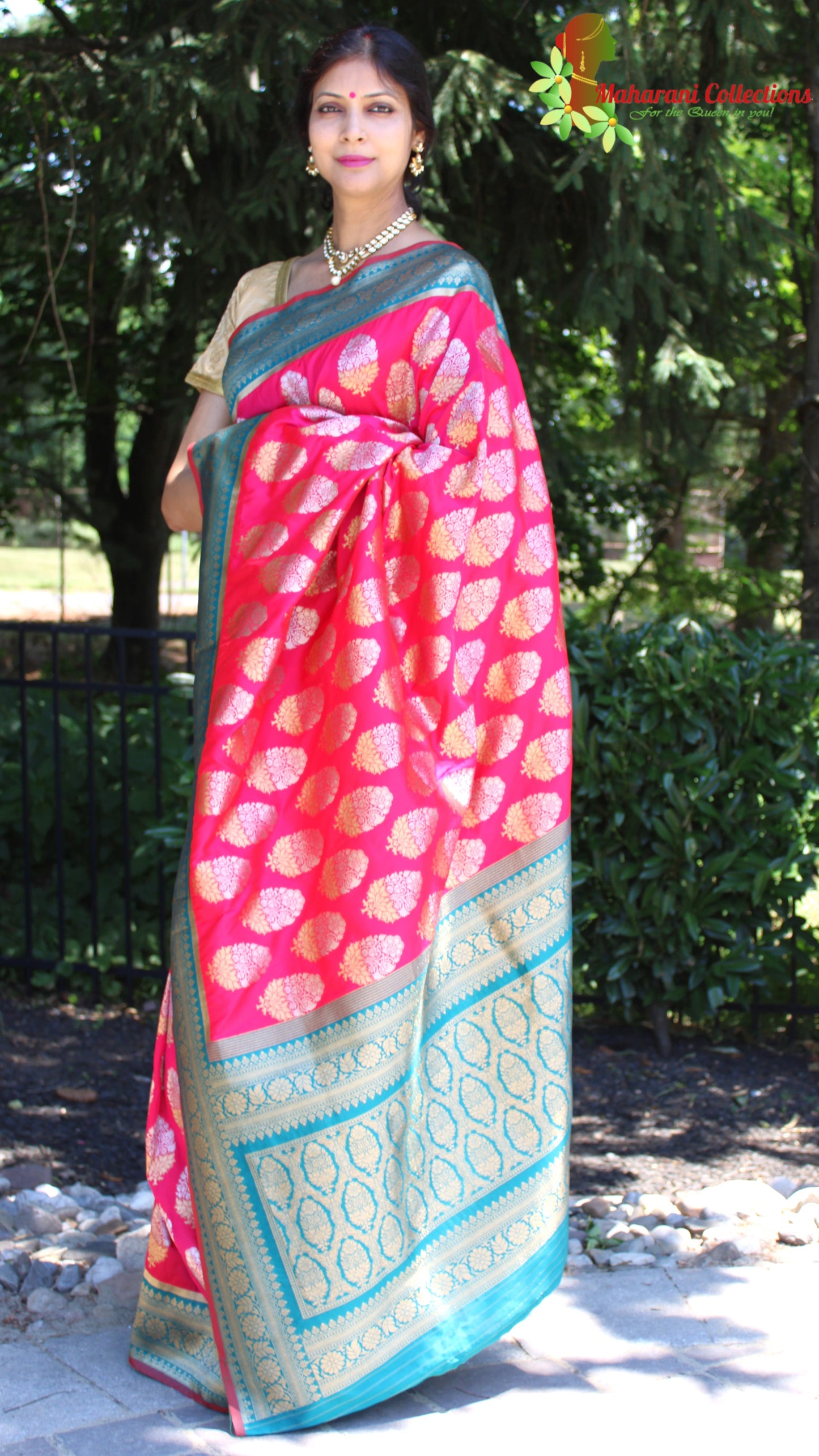Maharani's Pure Banarasi Silk Saree - Magenta (with stitched Blouse and Petticoat)